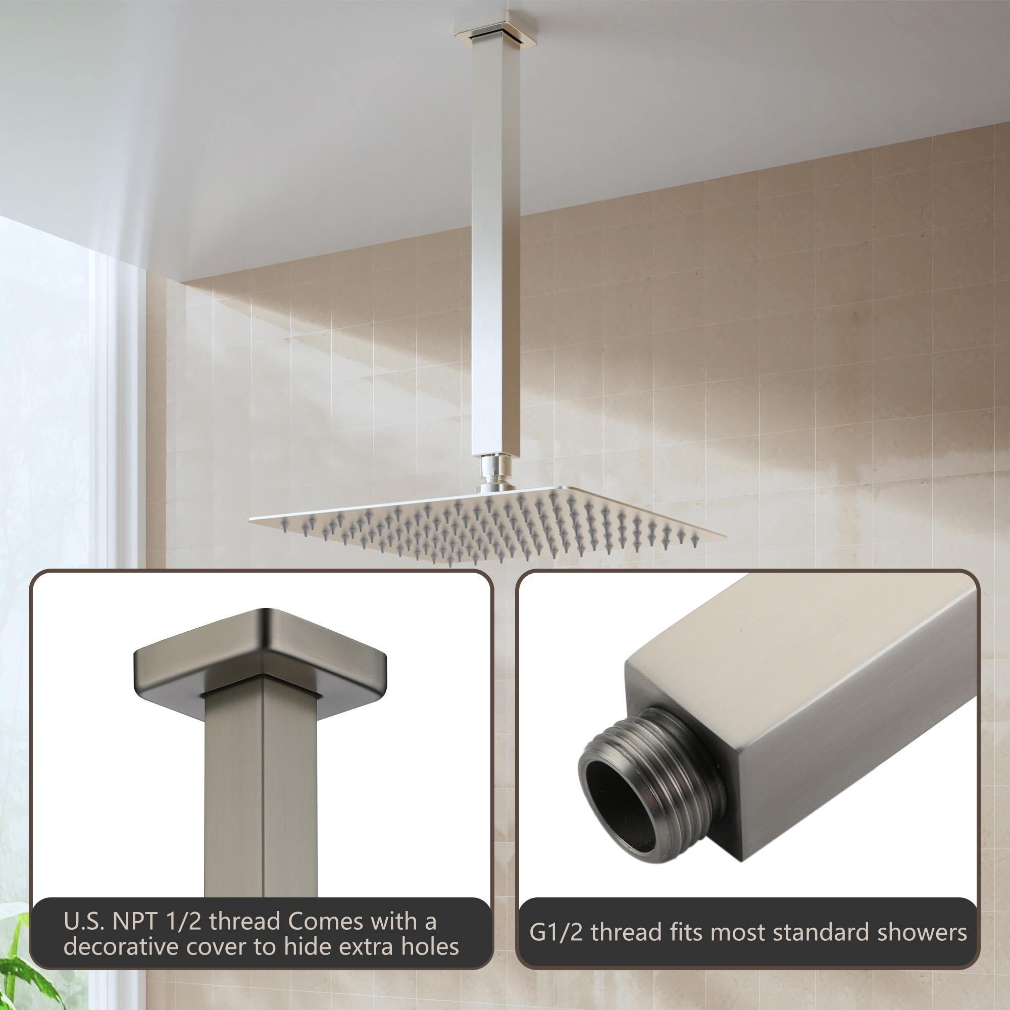 11.8" Stainless Steel Celling Mounted Round/Square Shower Arm with Flange for Rain Shower Head in Matte Black/Brushed Nickel