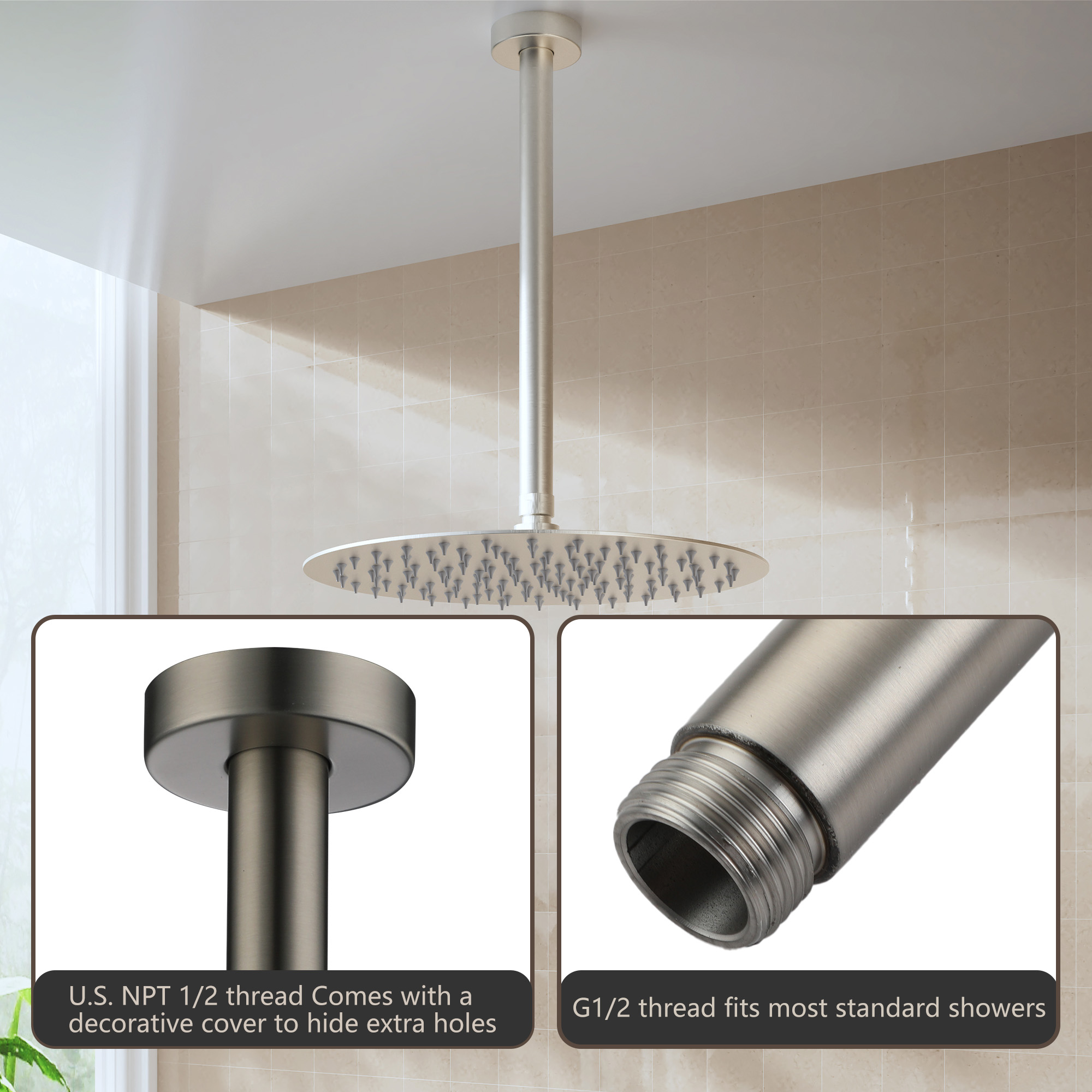 11.8" Stainless Steel Celling Mounted Round/Square Shower Arm with Flange for Rain Shower Head in Matte Black/Brushed Nickel