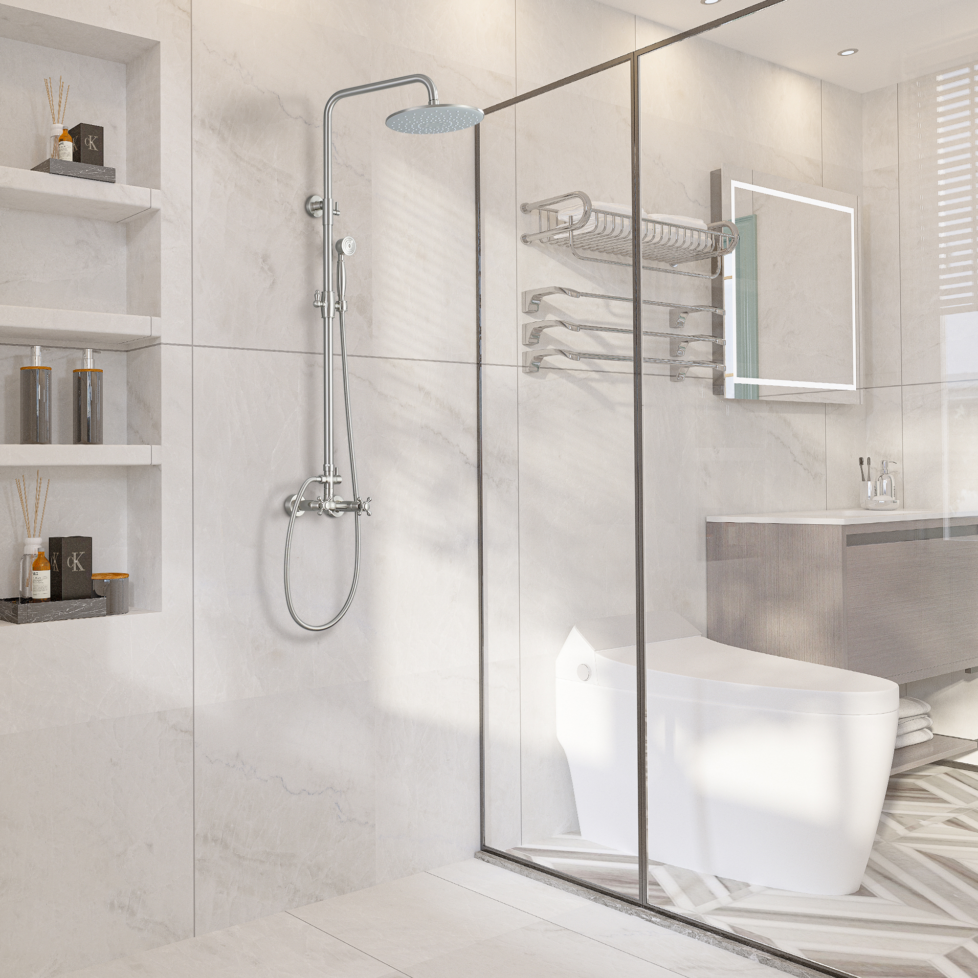 Boyel Living 8 in. Wall Mount Complete Shower System Exposed Pipe with Dual Shower Heads