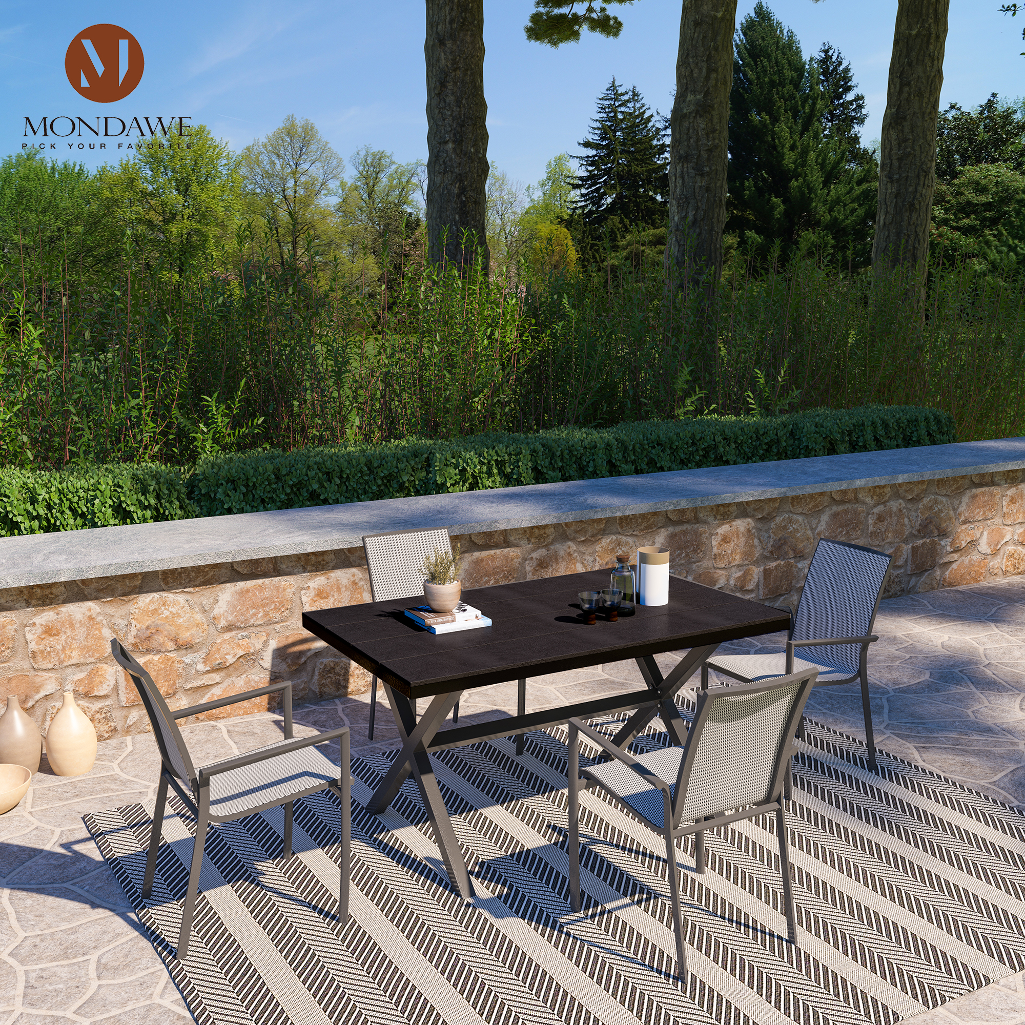 Mondawe Black Rectangular Outdoor Dining Table with Imitation Wood Grain-Mondawe