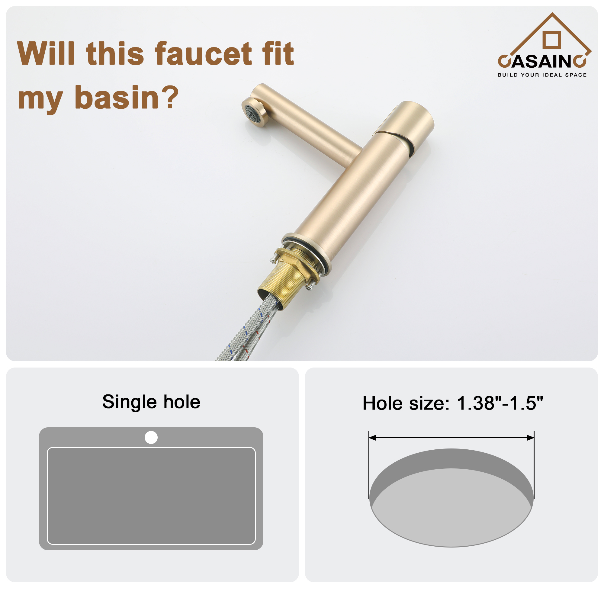 Single Handle Single Hole Bathroom Vessel Sink Faucet with Pop-Up Drain and Spot Resistant in Brushed Champagne Gold