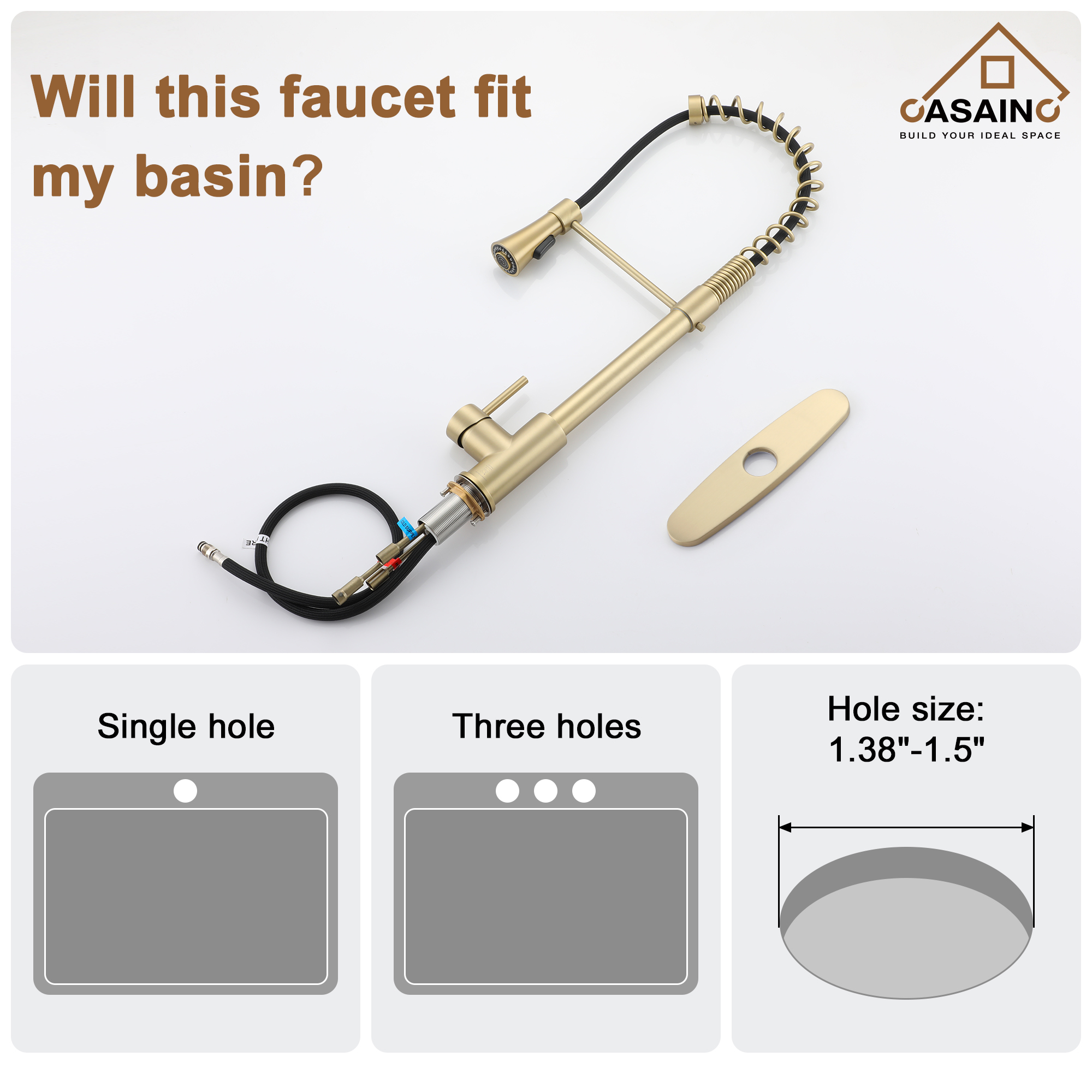 Single-Handle Spring Pull Down Sprayer Kitchen Faucet in Brushed Gold with Dual Function Sprayhead and Deckplate