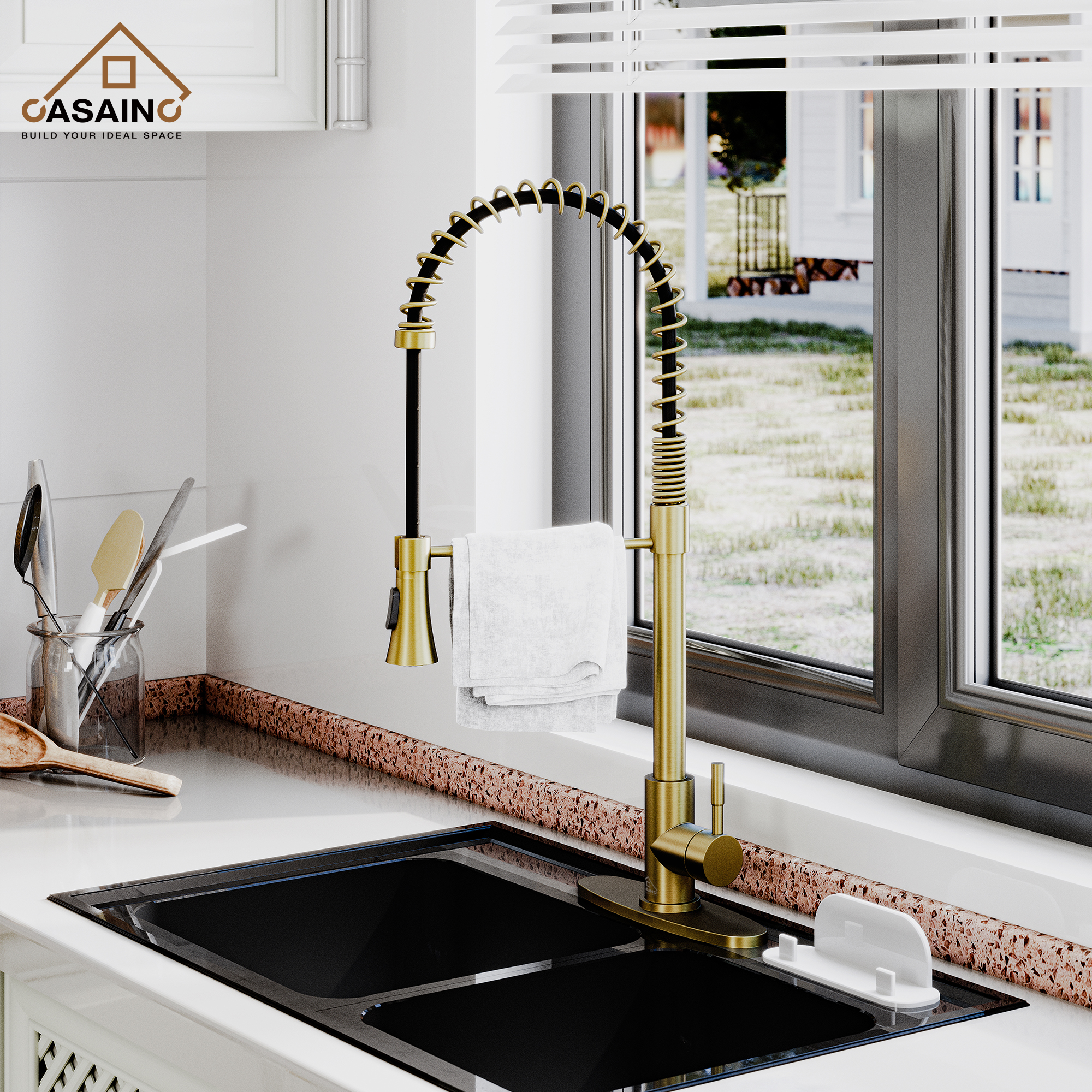 Single-Handle Spring Pull Down Sprayer Kitchen Faucet in Brushed Gold with Dual Function Sprayhead and Deckplate