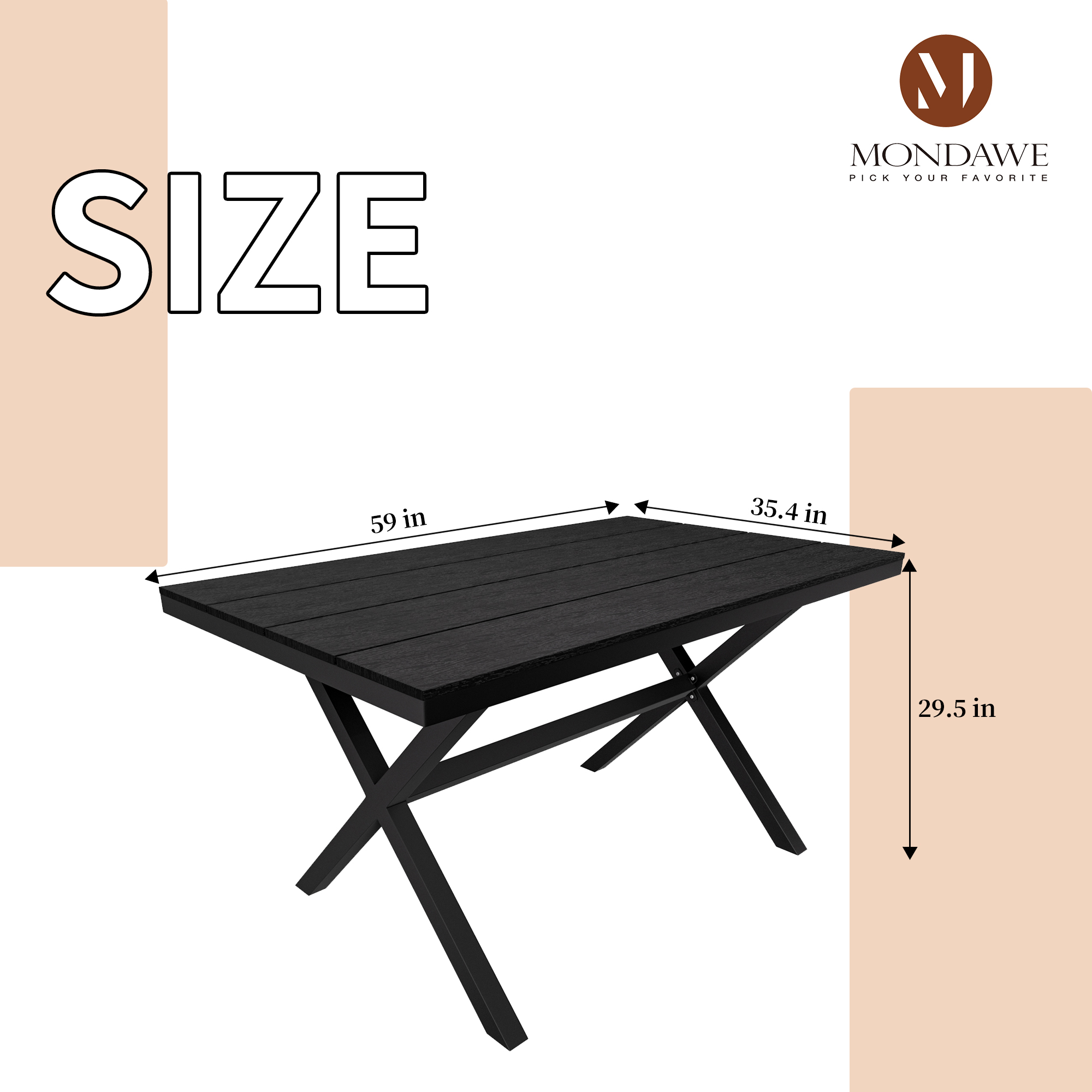 Mondawe Black Rectangular Outdoor Dining Table with Imitation Wood Grain-Mondawe