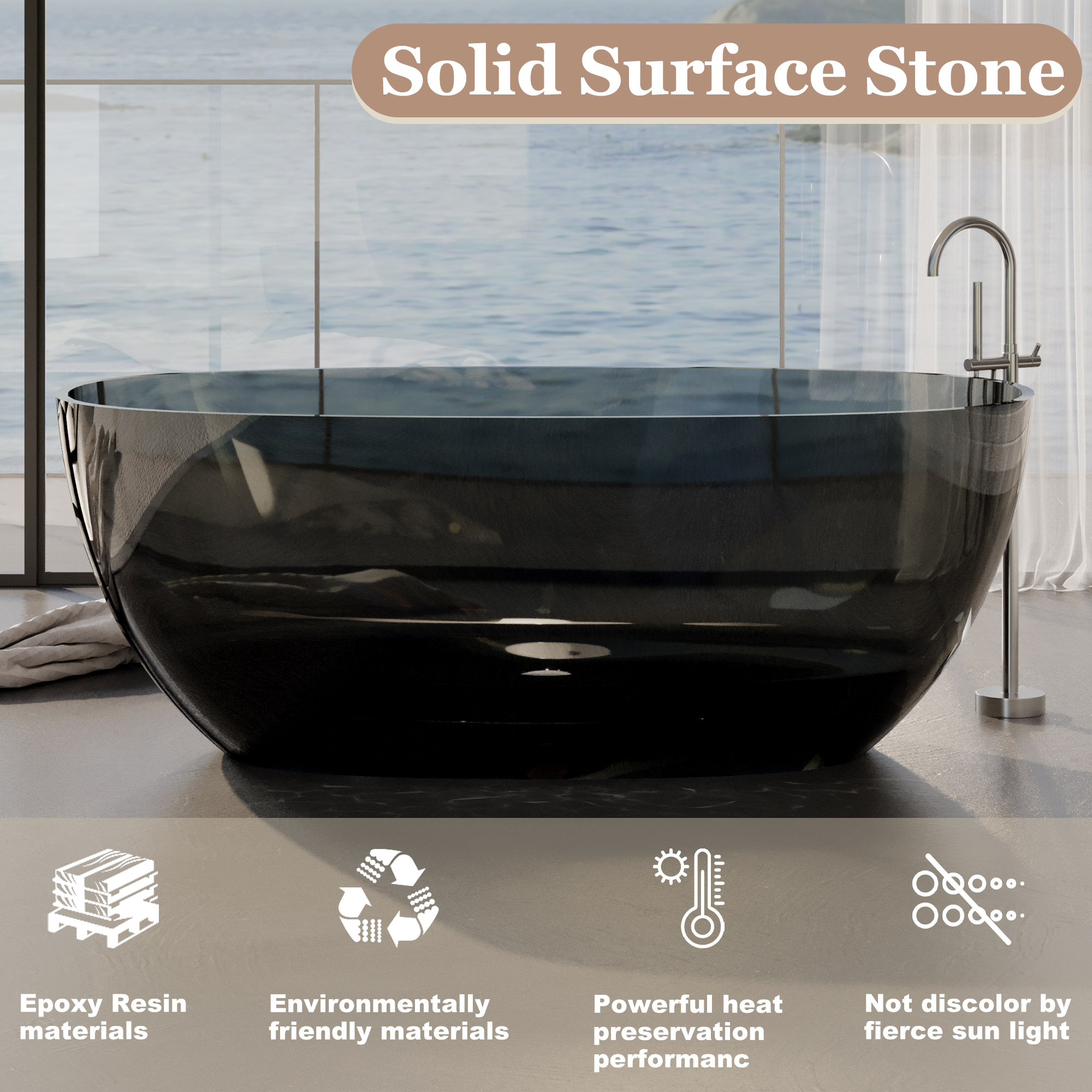59" Soaking Tub Transparent Resin Freestanding Bathtub Modern Oval Design Stand Alone Tub with Overflow and Pop-up Drain
