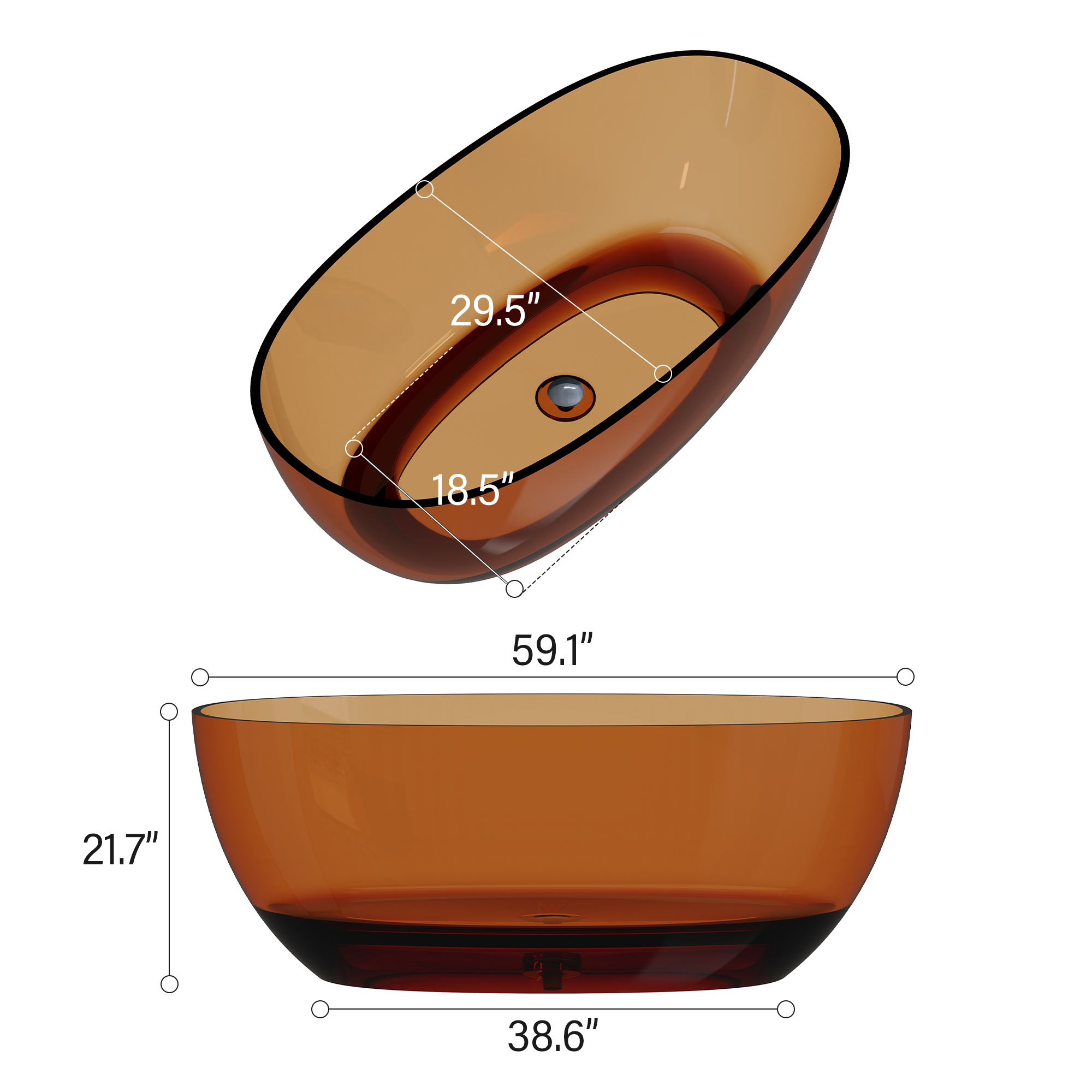 59" Soaking Tub Transparent Resin Freestanding Bathtub Modern Oval Design Stand Alone Tub with Overflow and Pop-up Drain
