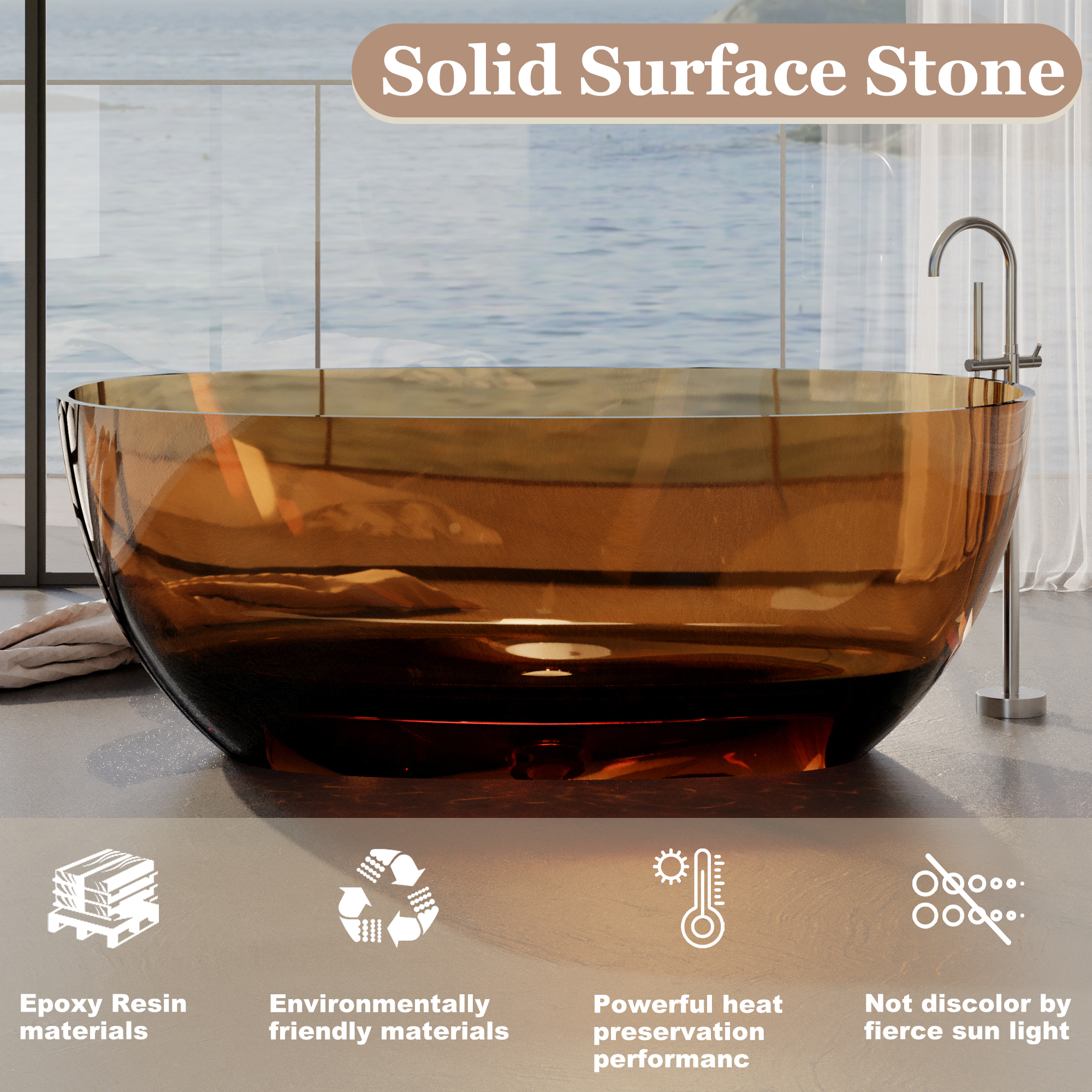 59" Soaking Tub Transparent Resin Freestanding Bathtub Modern Oval Design Stand Alone Tub with Overflow and Pop-up Drain