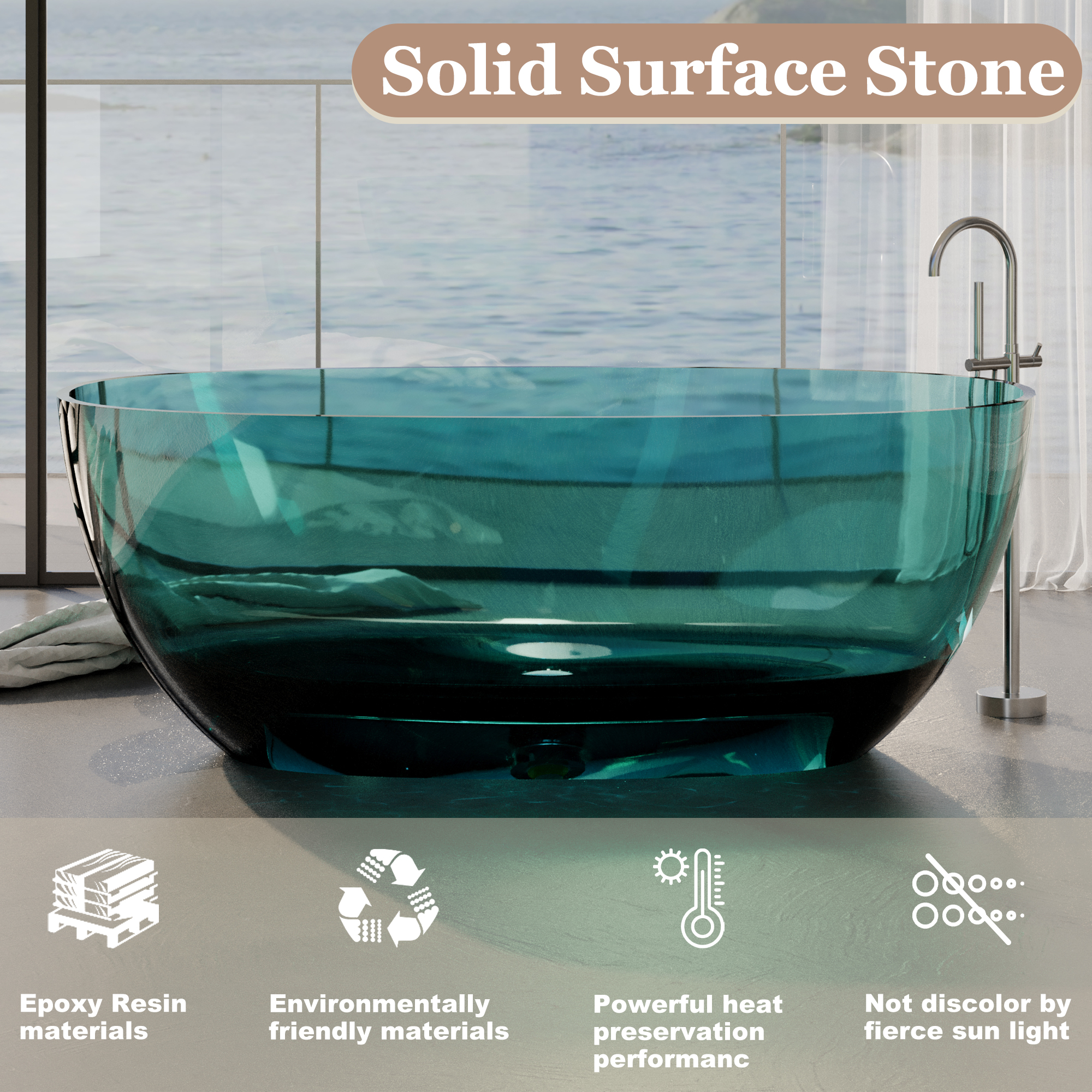 59" Soaking Tub Transparent Resin Freestanding Bathtub Modern Oval Design Stand Alone Tub with Overflow and Pop-up Drain