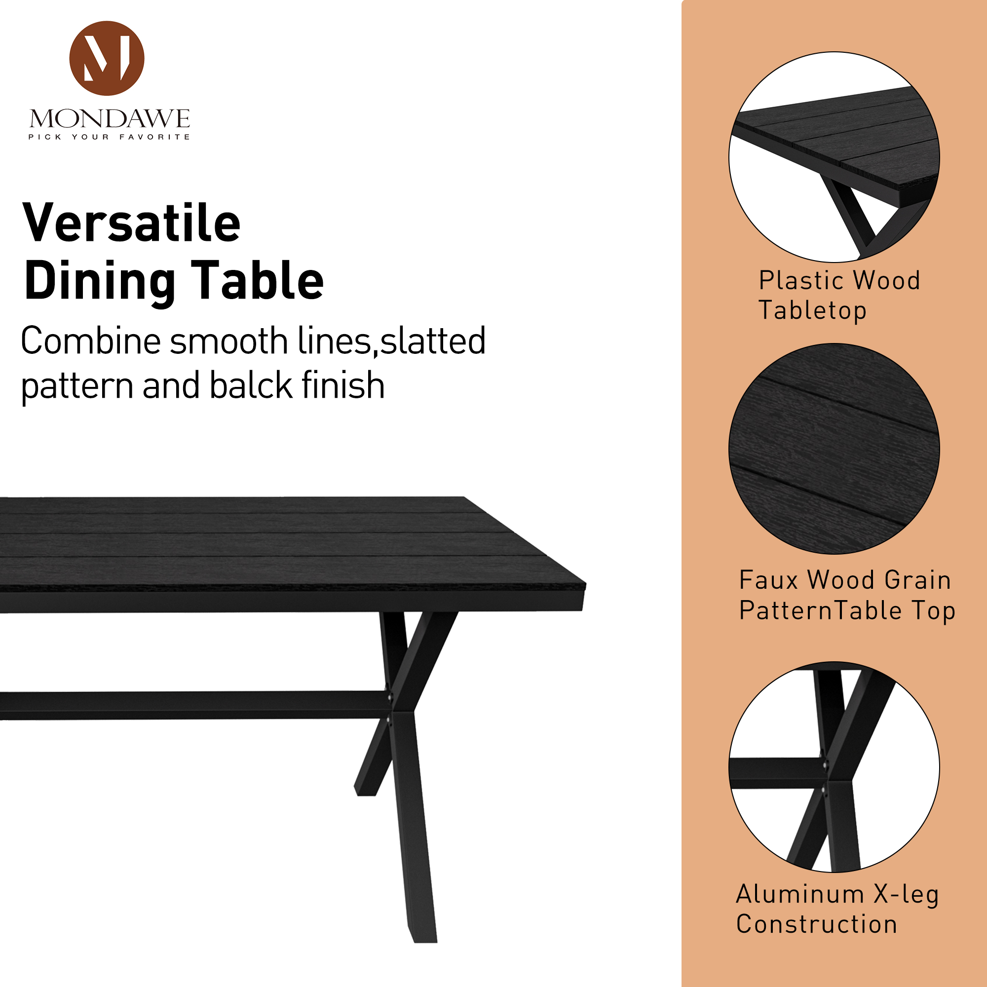 Mondawe Black Rectangular Outdoor Dining Table with Imitation Wood Grain-Mondawe