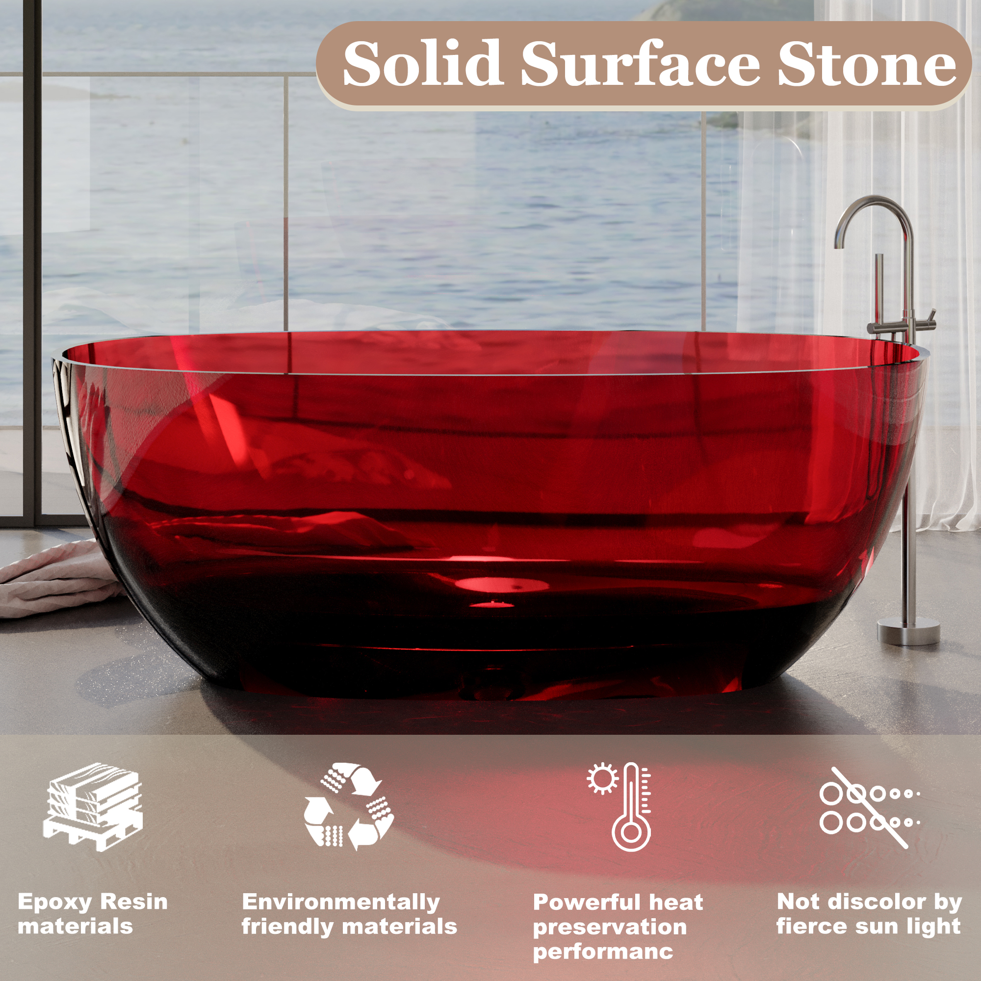 59" Soaking Tub Transparent Resin Freestanding Bathtub Modern Oval Design Stand Alone Tub with Overflow and Pop-up Drain