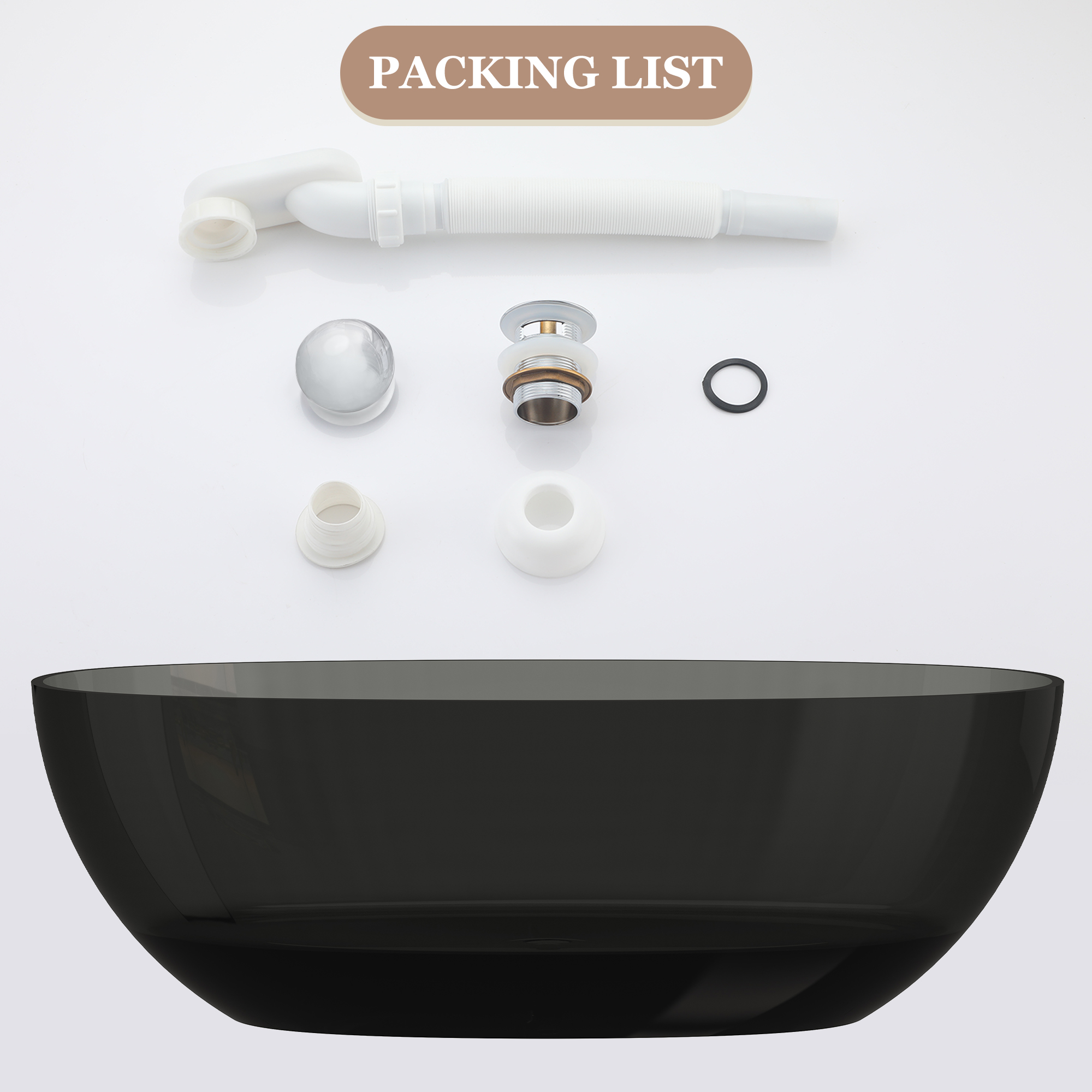 67" Soaking Tub Transparent Resin Freestanding Bathtub Modern Oval Design Stand Alone Tub with Overflow and Pop-up Drain ,Black & Grey/Coffee/Red/Blue