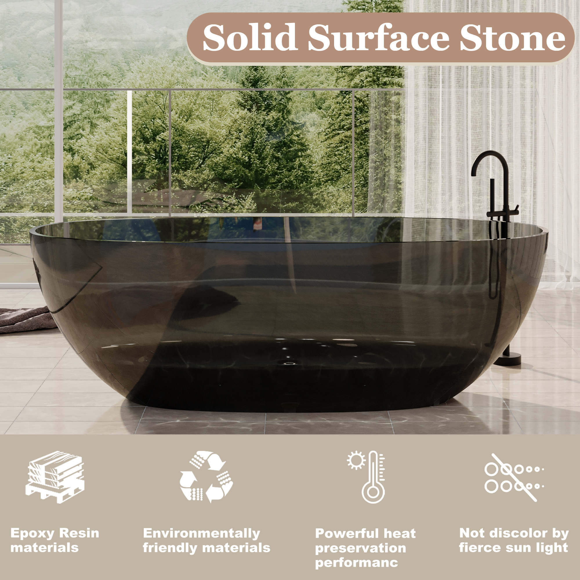 67" Soaking Tub Transparent Resin Freestanding Bathtub Modern Oval Design Stand Alone Tub with Overflow and Pop-up Drain ,Black & Grey/Coffee/Red/Blue