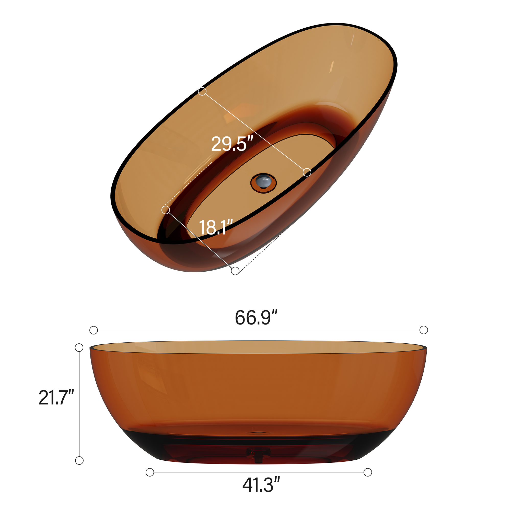 67" Soaking Tub Transparent Resin Freestanding Bathtub Modern Oval Design Stand Alone Tub with Overflow and Pop-up Drain ,Black & Grey/Coffee/Red/Blue