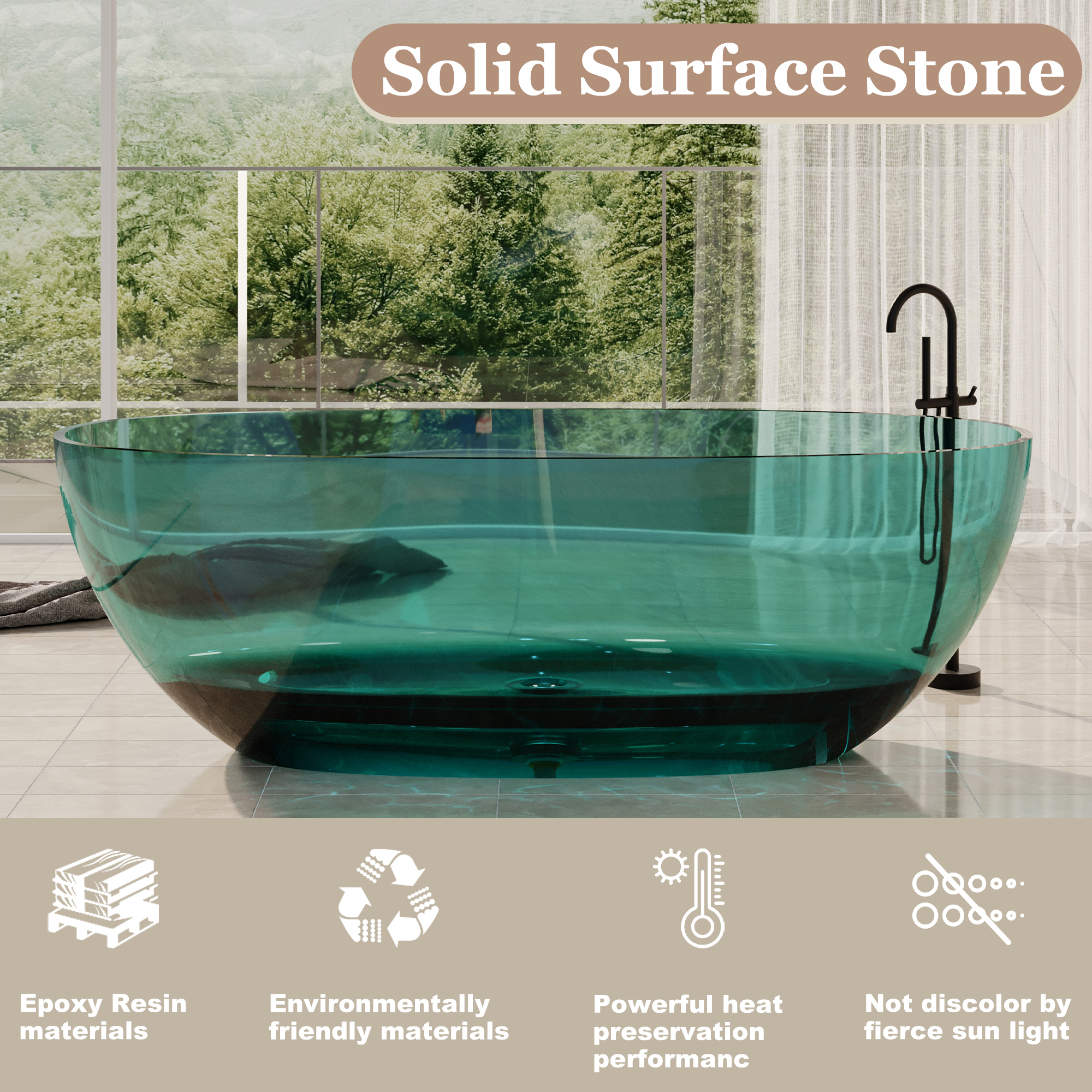 67" Soaking Tub Transparent Resin Freestanding Bathtub Modern Oval Design Stand Alone Tub with Overflow and Pop-up Drain ,Black & Grey/Coffee/Red/Blue