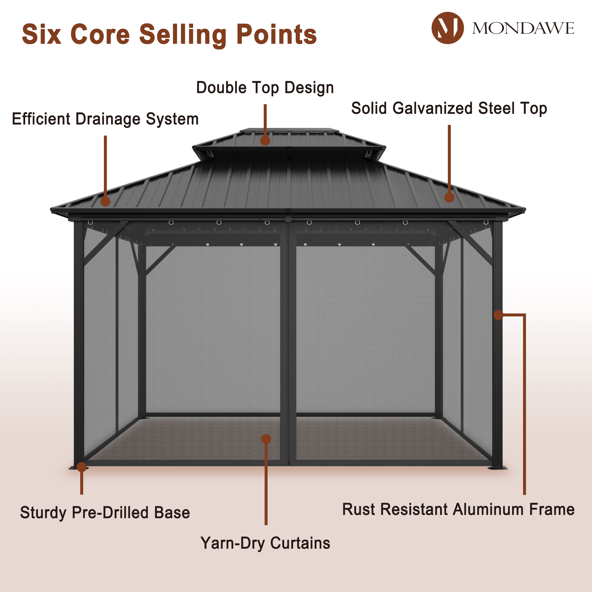 10x12 ft Double Roof Hard Top Aluminum Frame Gazebo with Netted Curtains-Mondawe