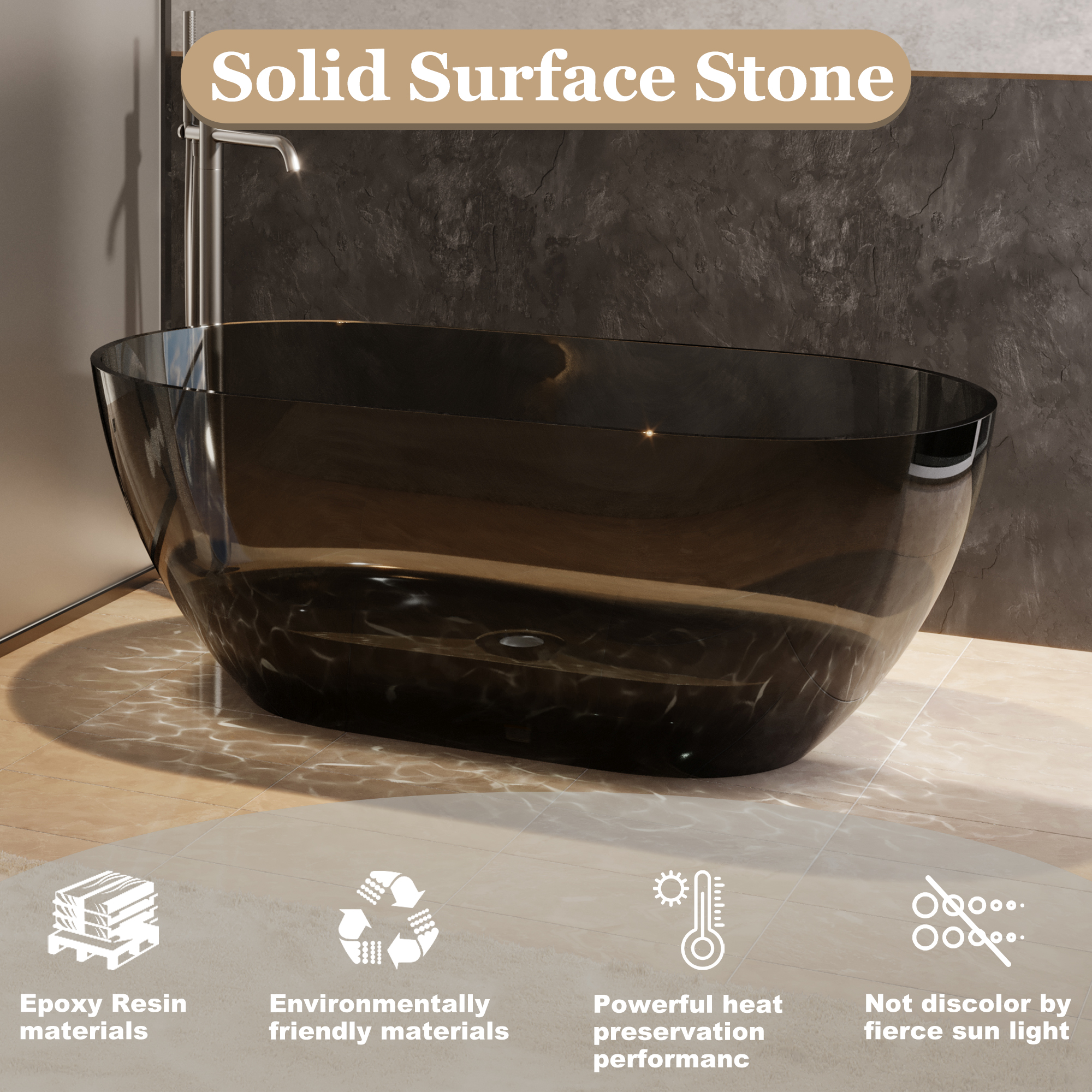  59" Resin Freestanding Bathtub Transparent Soaking Tub Modern Oval Design Stand Alone Tub with Pop-up Drain and Overflow,Black & Grey/Coffee/Purple/Blue