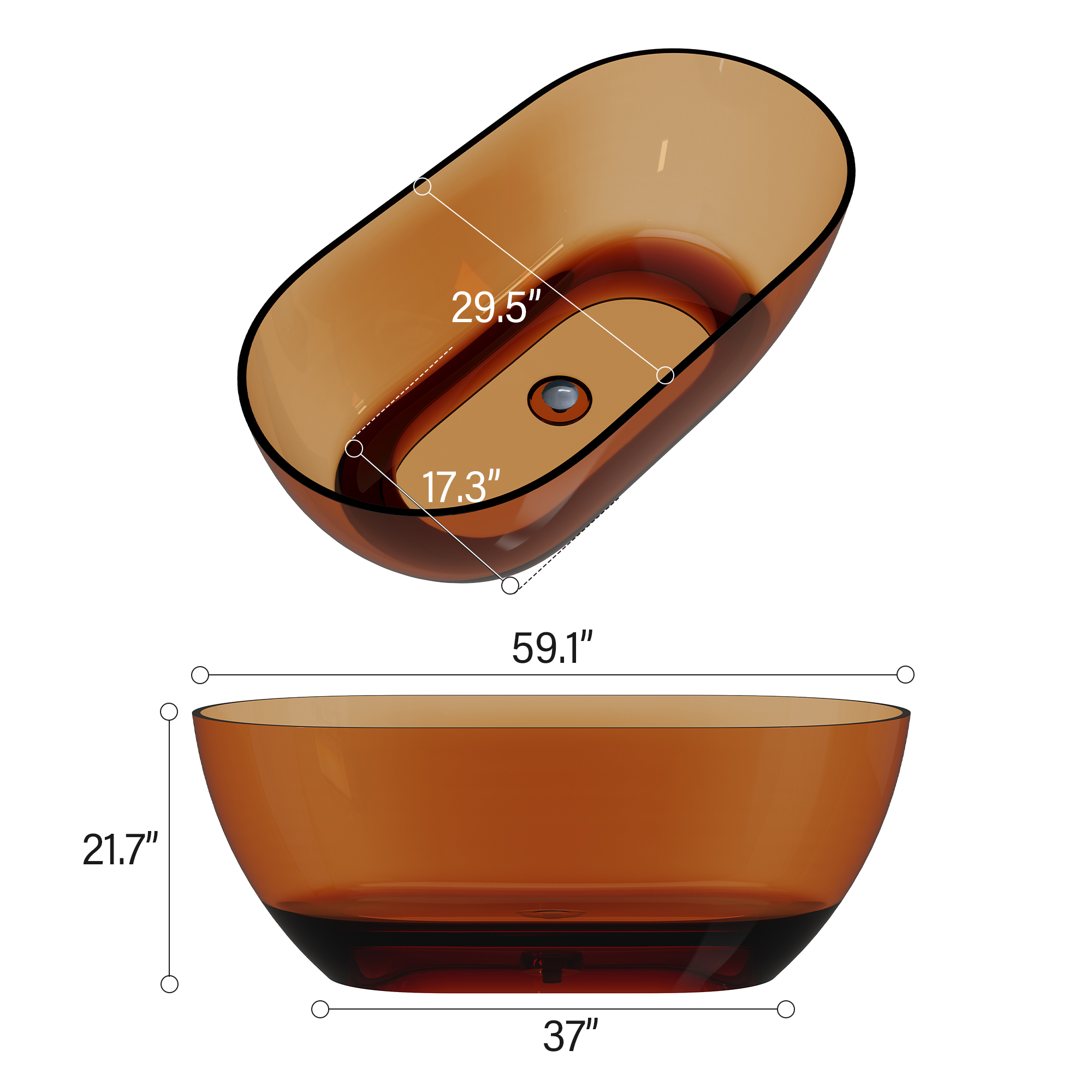  59" Resin Freestanding Bathtub Transparent Soaking Tub Modern Oval Design Stand Alone Tub with Pop-up Drain and Overflow,Black & Grey/Coffee/Purple/Blue