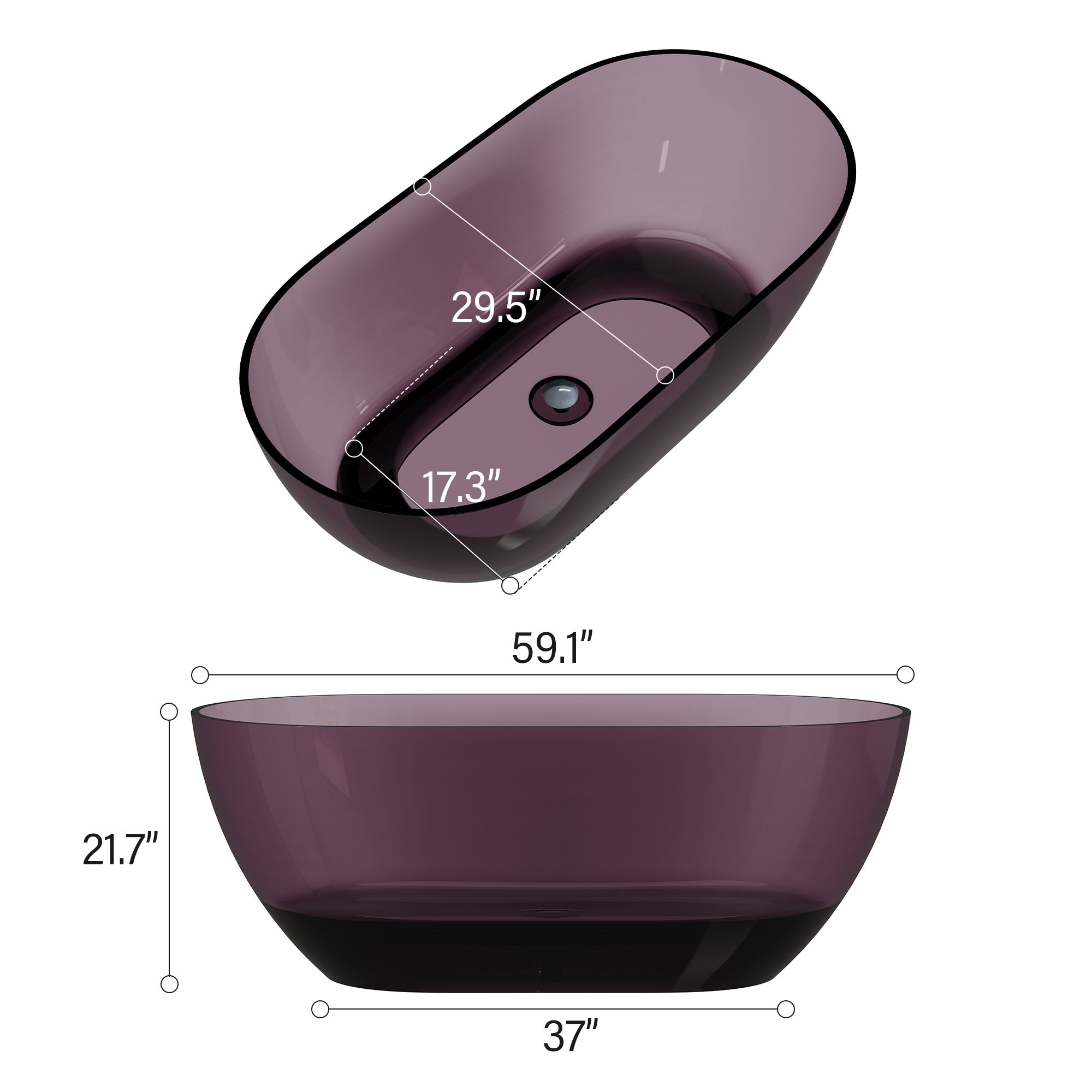  59" Resin Freestanding Bathtub Transparent Soaking Tub Modern Oval Design Stand Alone Tub with Pop-up Drain and Overflow,Black & Grey/Coffee/Purple/Blue