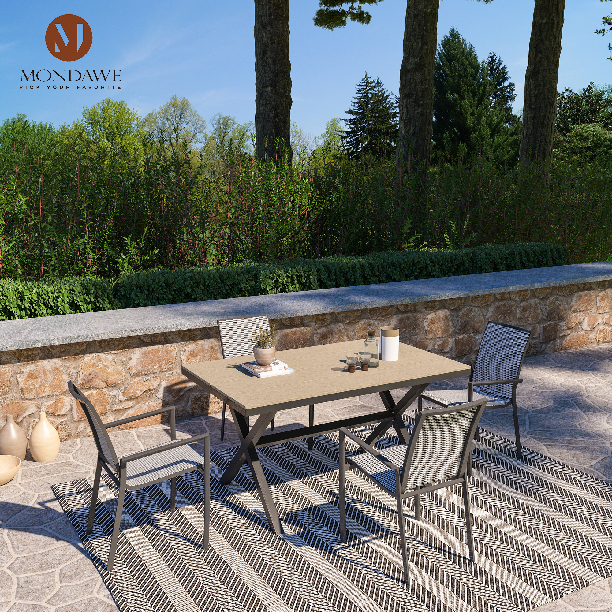 Mondawe Black Rectangular Outdoor Dining Table with Imitation Wood Grain-Mondawe
