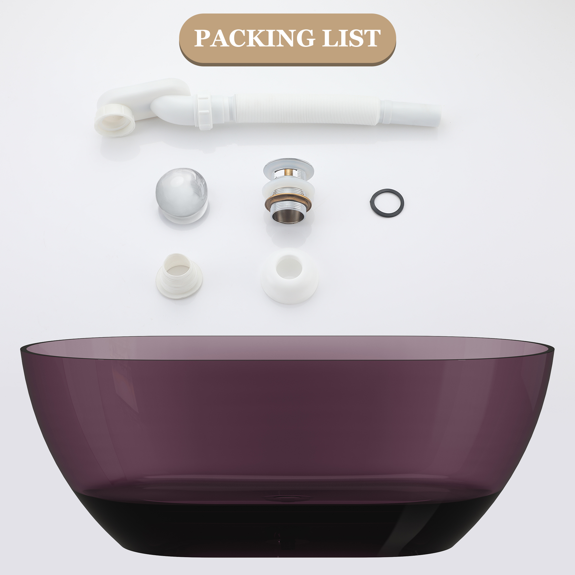  59" Resin Freestanding Bathtub Transparent Soaking Tub Modern Oval Design Stand Alone Tub with Pop-up Drain and Overflow,Black & Grey/Coffee/Purple/Blue