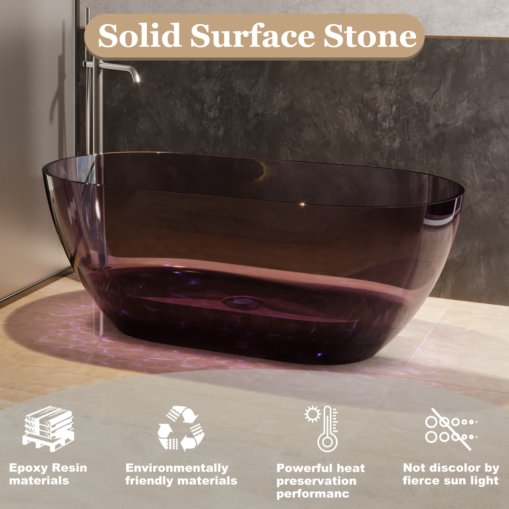  59" Resin Freestanding Bathtub Transparent Soaking Tub Modern Oval Design Stand Alone Tub with Pop-up Drain and Overflow,Black & Grey/Coffee/Purple/Blue