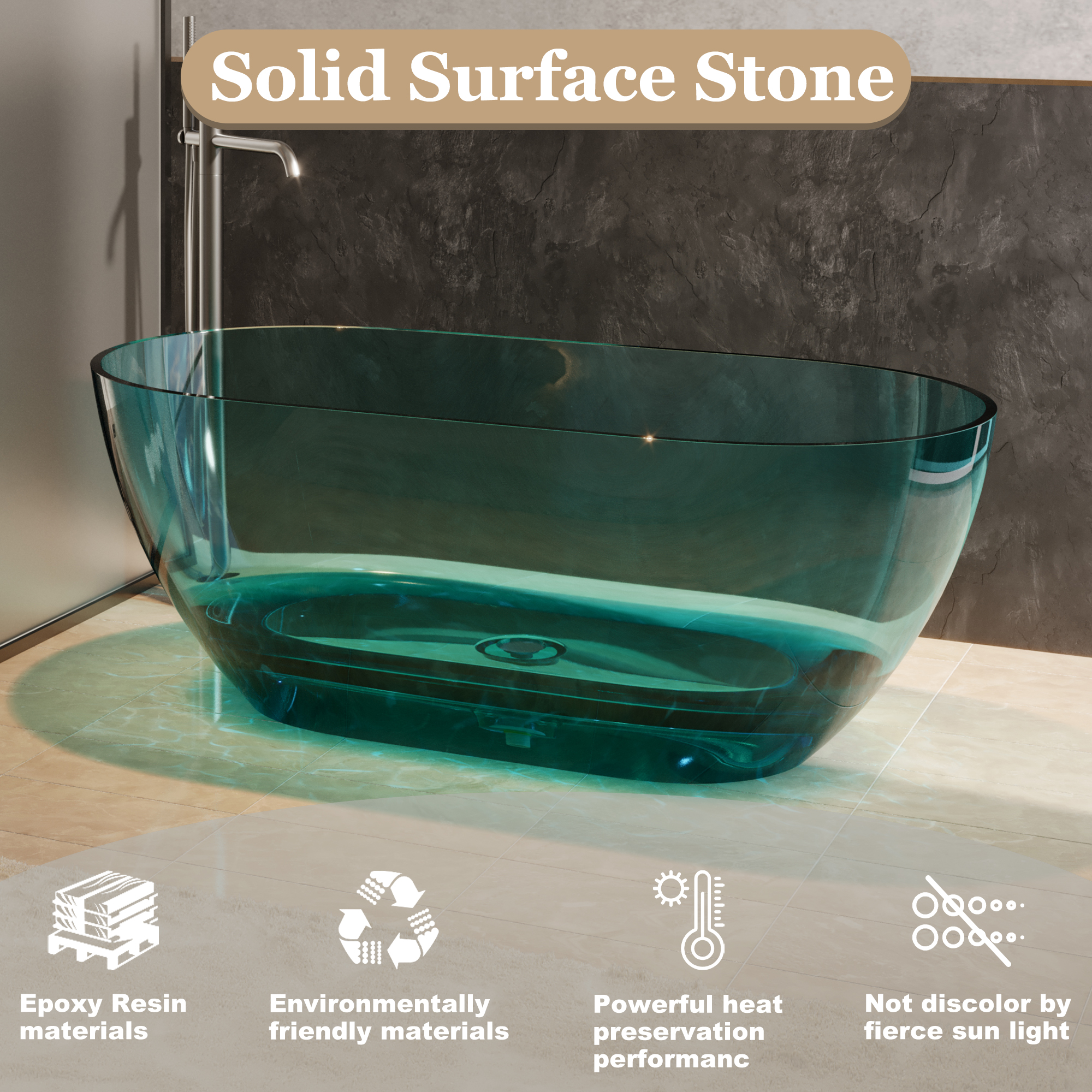  59" Resin Freestanding Bathtub Transparent Soaking Tub Modern Oval Design Stand Alone Tub with Pop-up Drain and Overflow,Black & Grey/Coffee/Purple/Blue