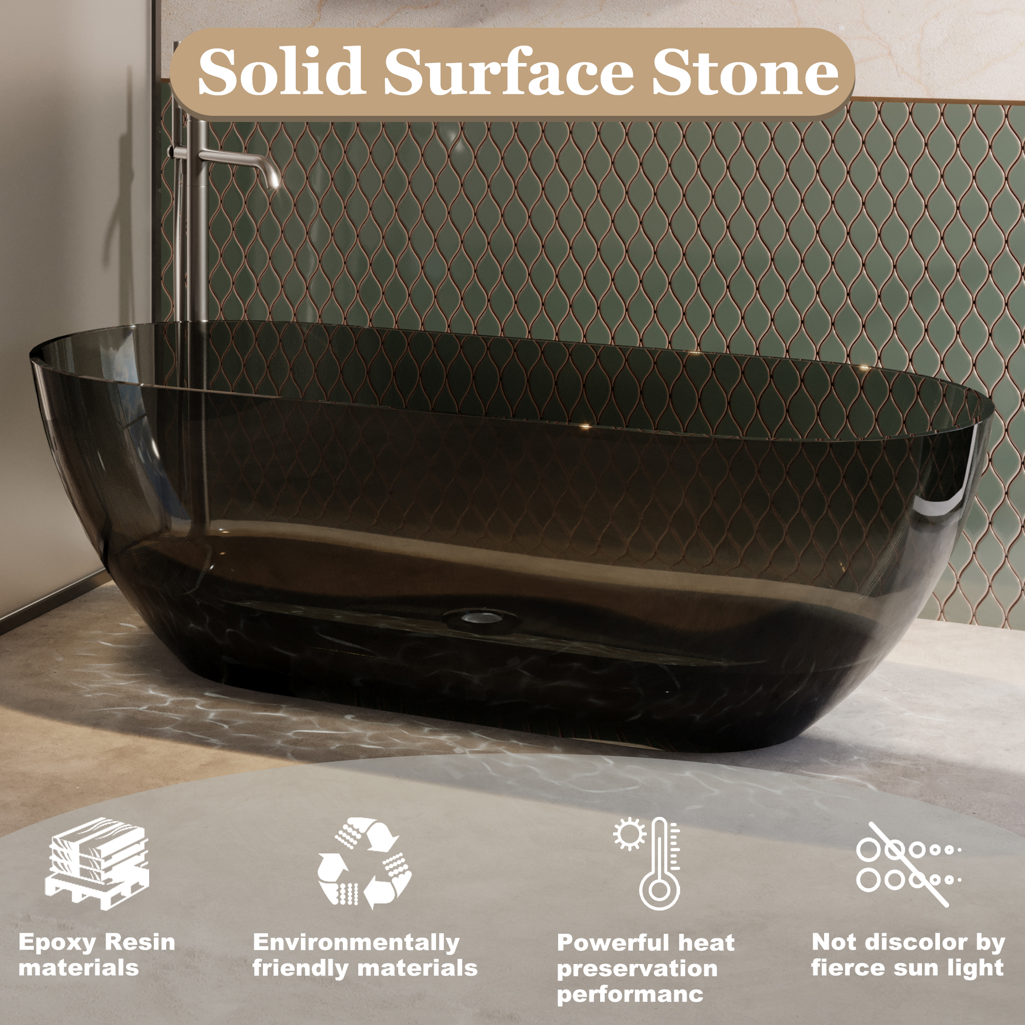 69" Resin Freestanding Bathtub Transparent Soaking Tub Modern Oval Design Stand Alone Tub with Pop-up Drain and Overflow,Black & Grey/Coffee/Purple/Blue