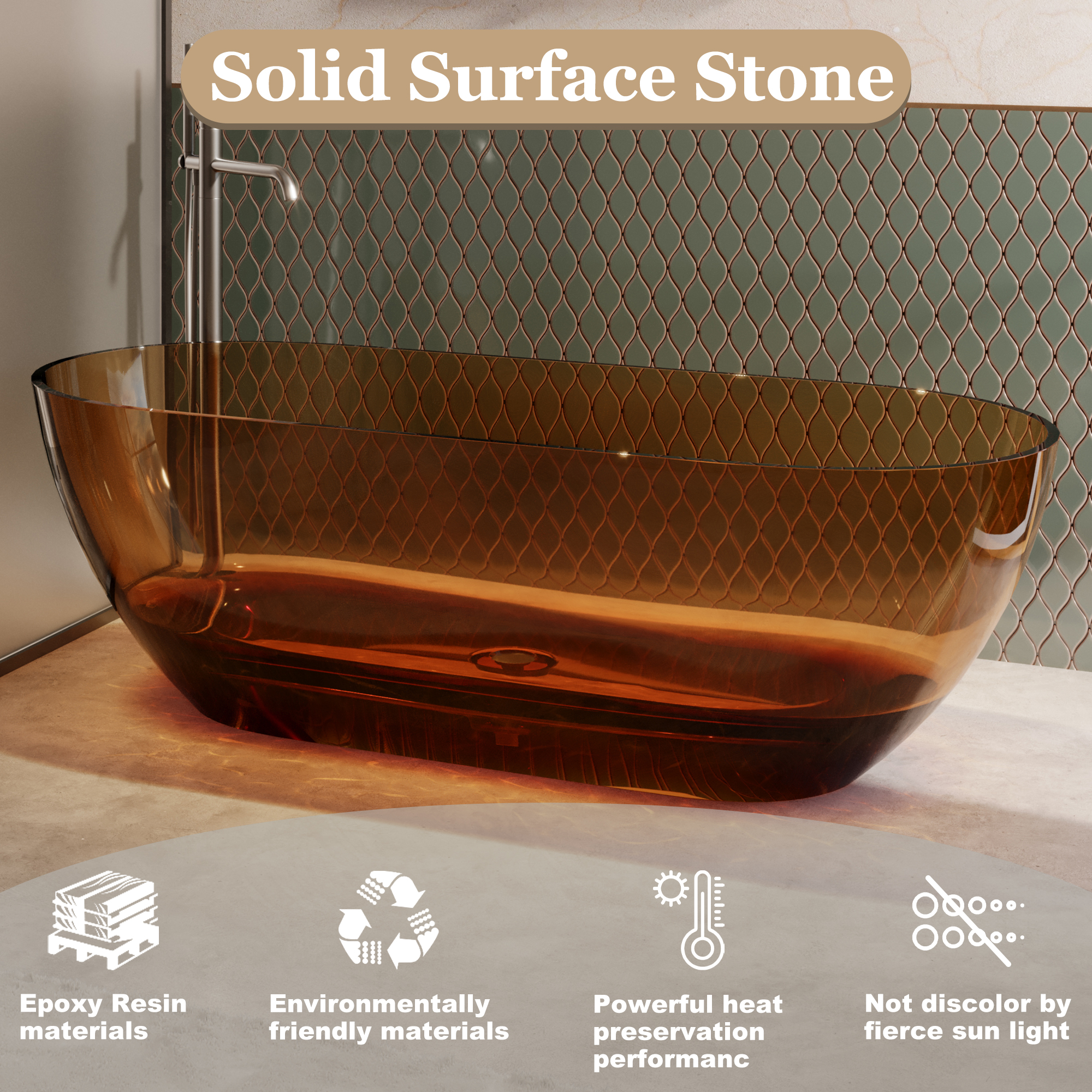 69" Resin Freestanding Bathtub Transparent Soaking Tub Modern Oval Design Stand Alone Tub with Pop-up Drain and Overflow,Black & Grey/Coffee/Purple/Blue