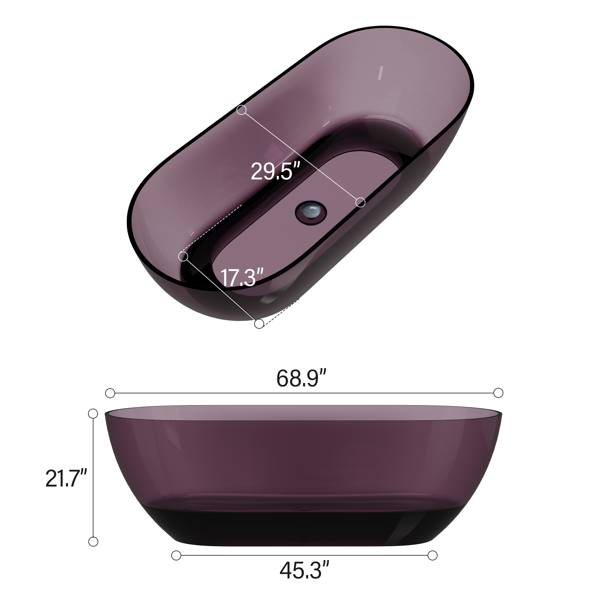 69" Resin Freestanding Bathtub Transparent Soaking Tub Modern Oval Design Stand Alone Tub with Pop-up Drain and Overflow,Black & Grey/Coffee/Purple/Blue
