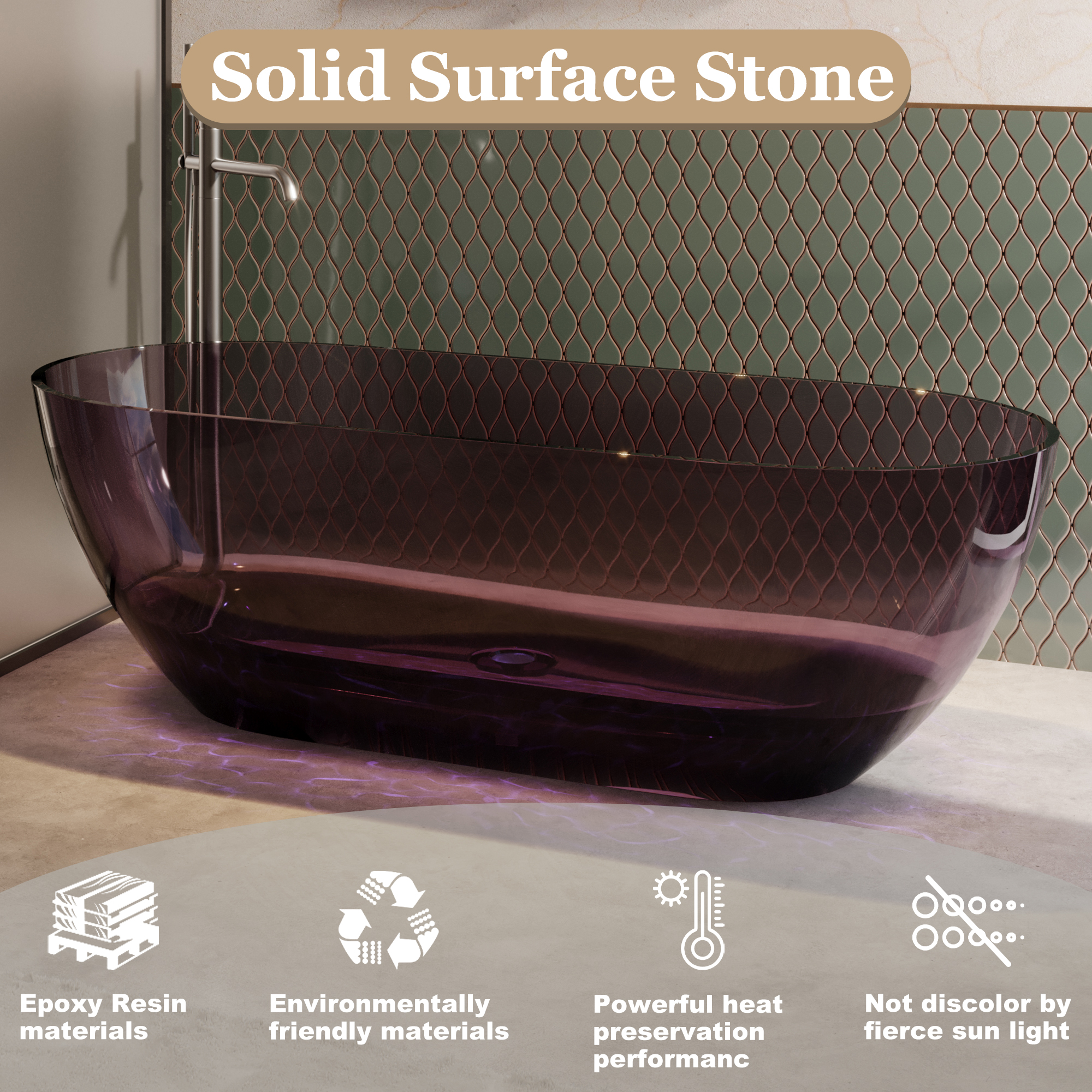 69" Resin Freestanding Bathtub Transparent Soaking Tub Modern Oval Design Stand Alone Tub with Pop-up Drain and Overflow,Black & Grey/Coffee/Purple/Blue