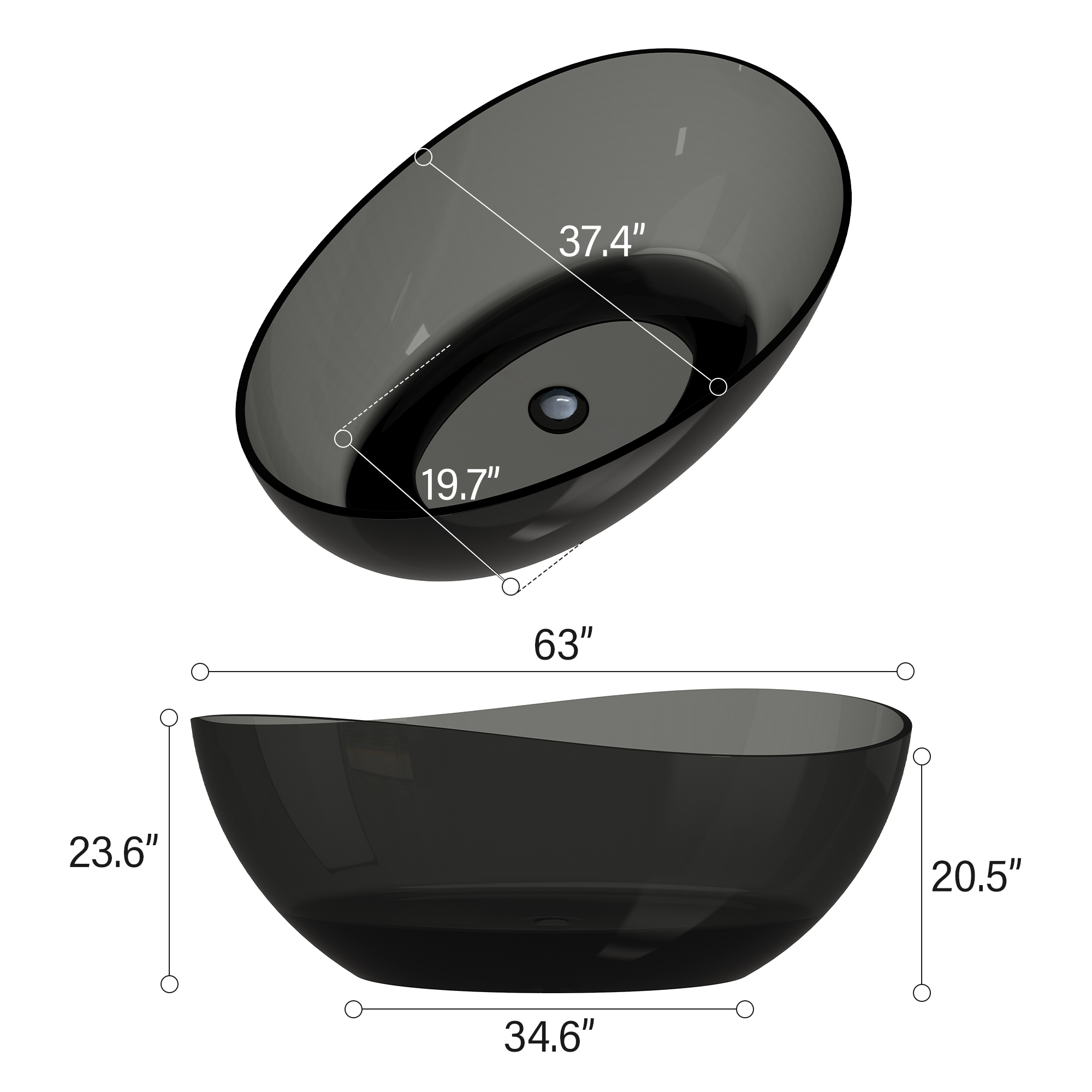 63" Freestanding Bathtub Transparent Resin Soaking Tub Modern Oval Design Stand Alone Tub with Overflow and Pop-up Drain