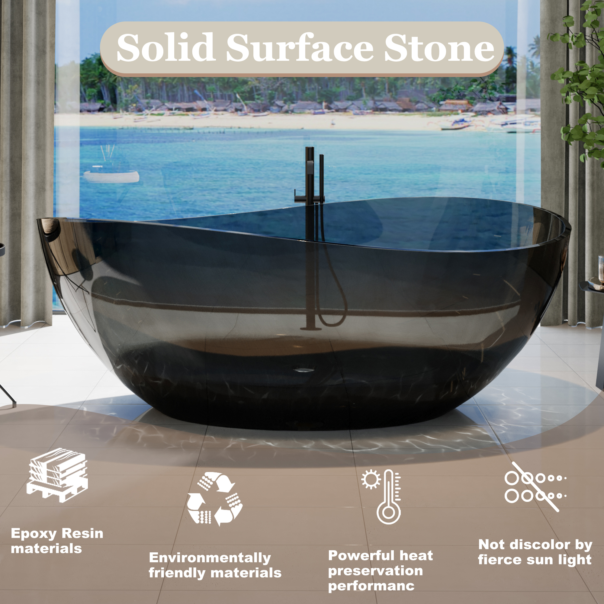 63" Freestanding Bathtub Transparent Resin Soaking Tub Modern Oval Design Stand Alone Tub with Overflow and Pop-up Drain