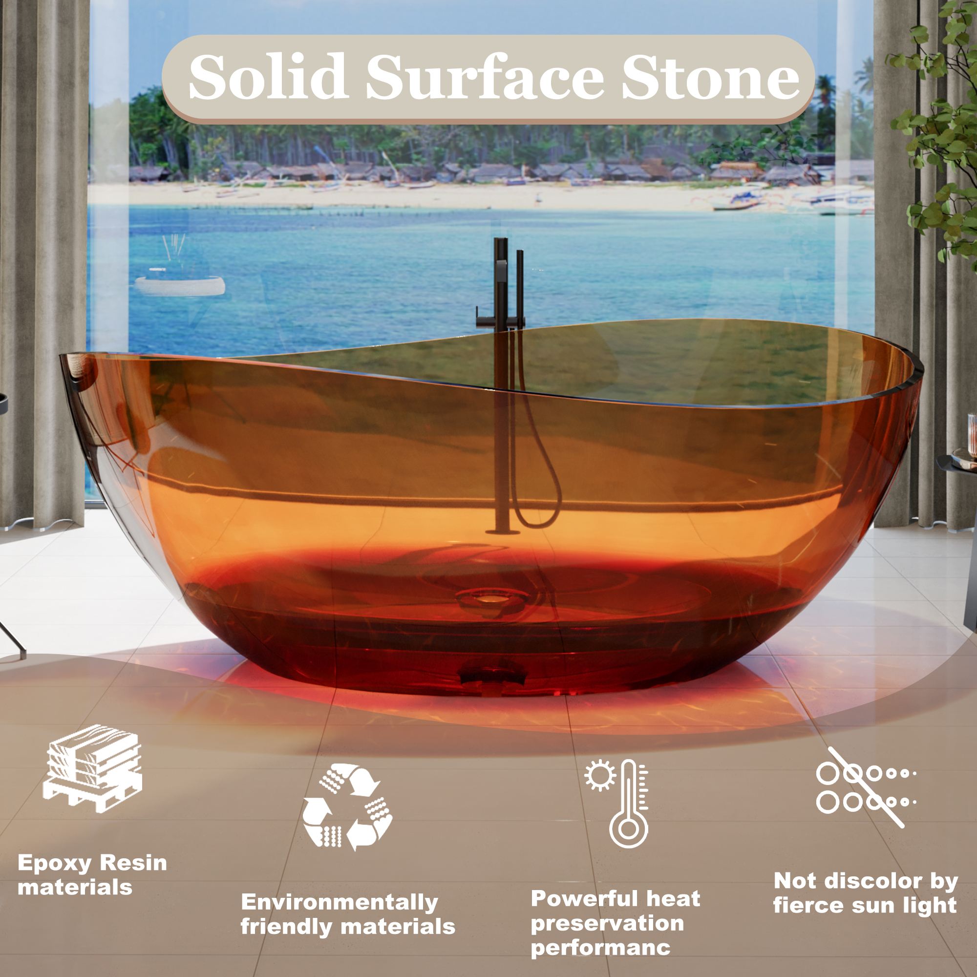63" Freestanding Bathtub Transparent Resin Soaking Tub Modern Oval Design Stand Alone Tub with Overflow and Pop-up Drain