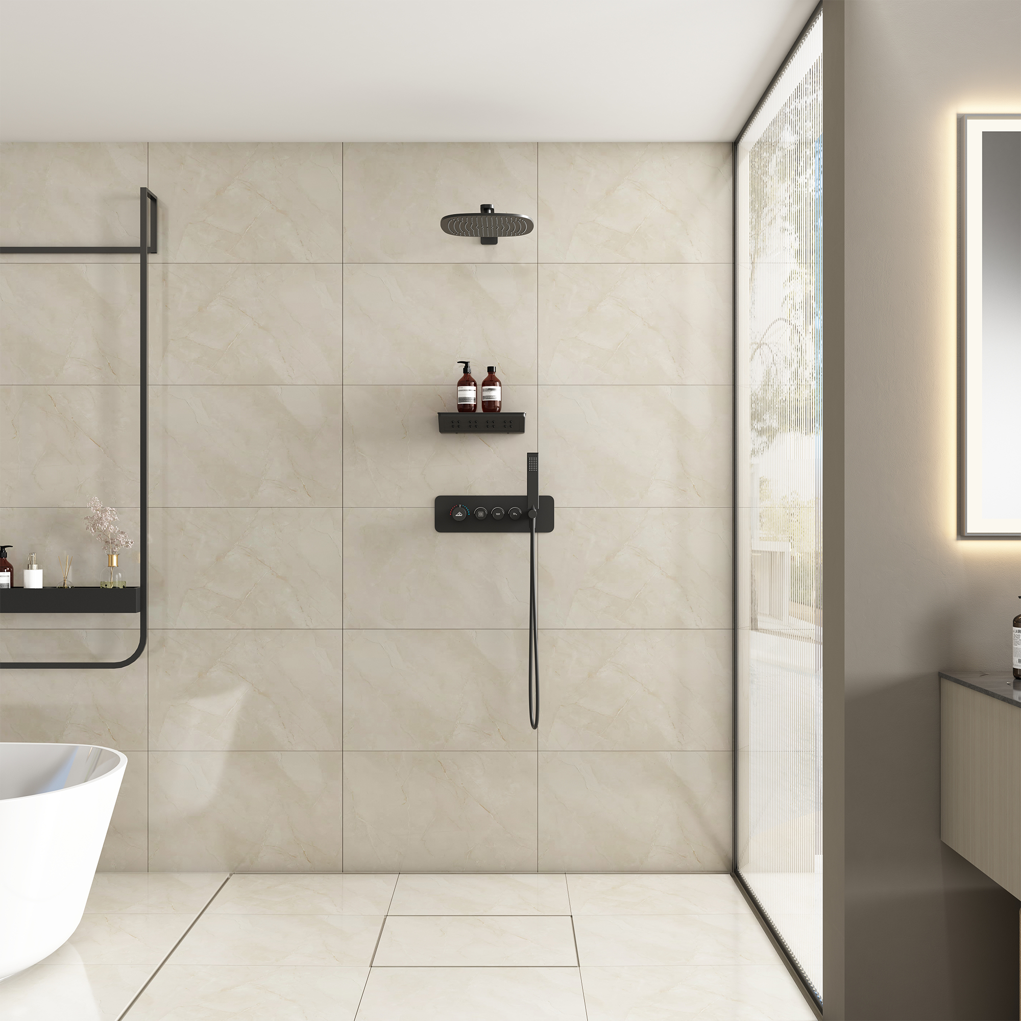 Single-Handle 3-Spray Square Shower Faucet 12 in. Showerhead 2.5 GPM with Body Spray in. Matte Black, Valve Included