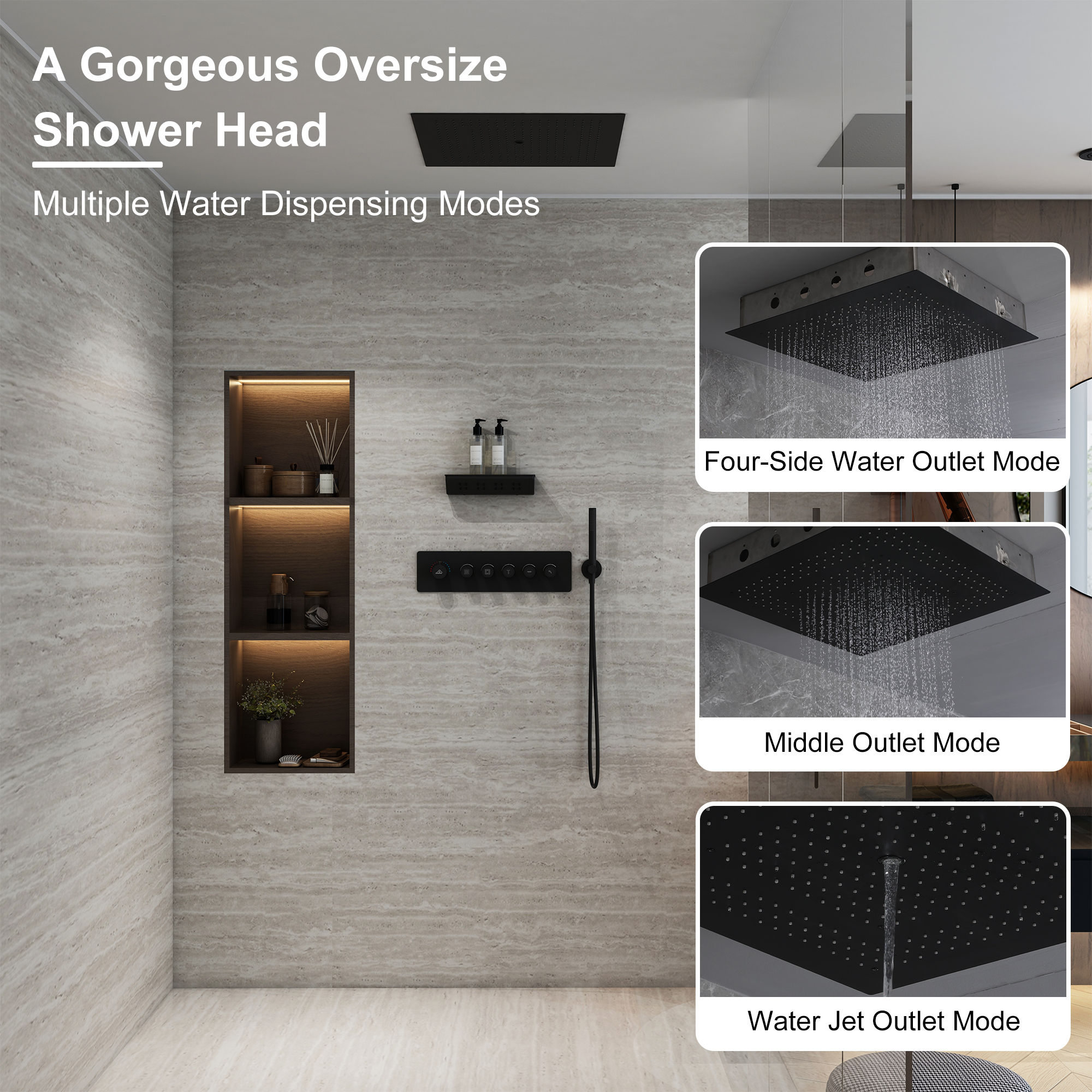 23.6 in. Single-Handle 5-Spray Square Shower Faucet 2.5 GPM with Body Spray in. Matte Black, Valve Included