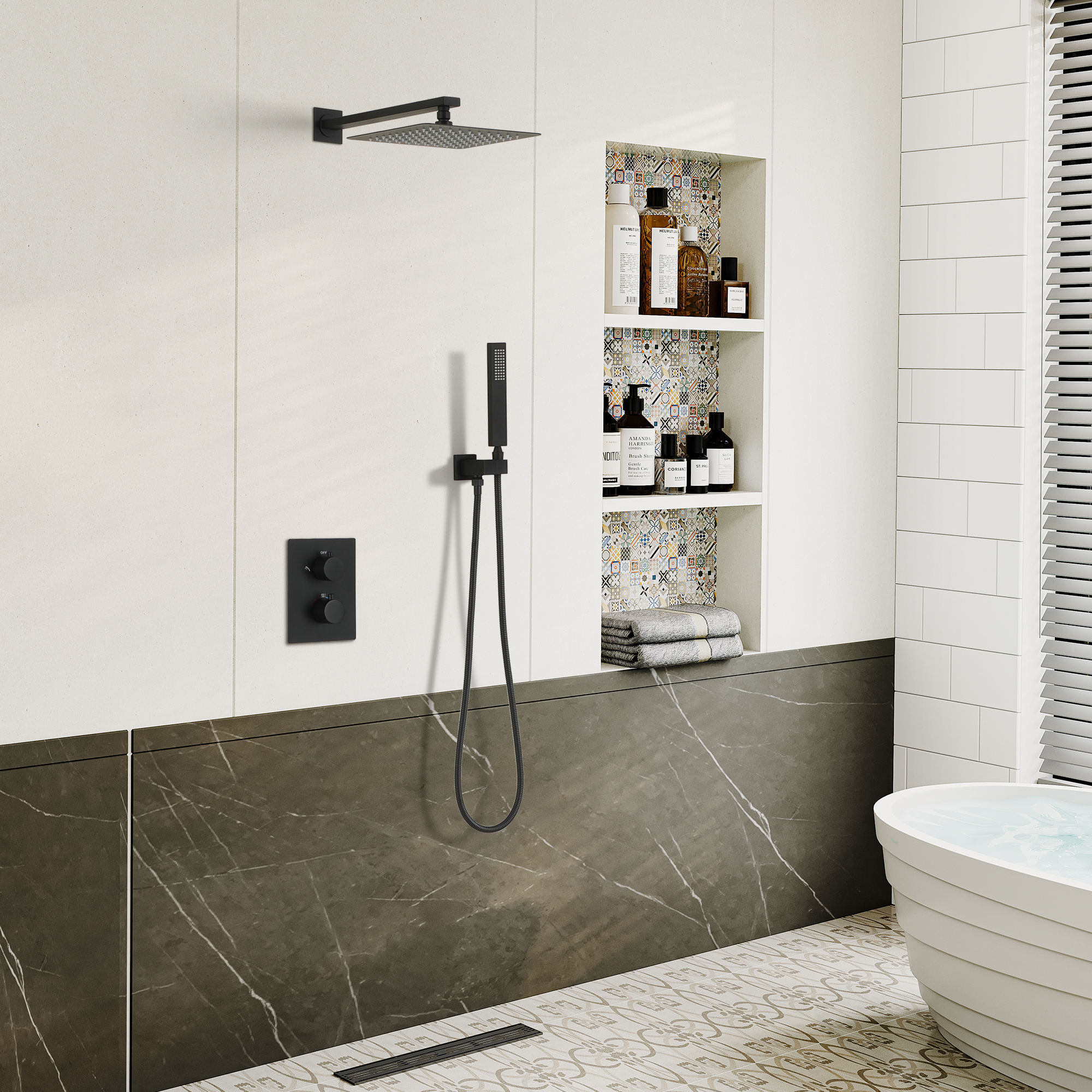 Duschsystem Regenduschkopf Hochdruck Duscharmatur System 10 Zoll Deckenbrause mit Handbrause für Badezimmer, Mattschwarz