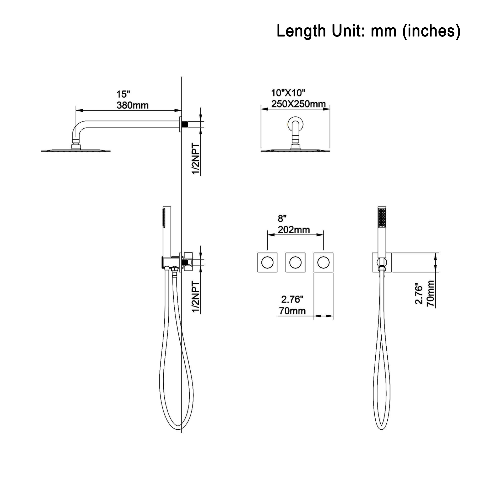 Shower System Rainfall Shower Head with Handheld Spary Combo Shower Faucet System 10inch Ceiling Shower Head with valve for Bathroom, Matte Black