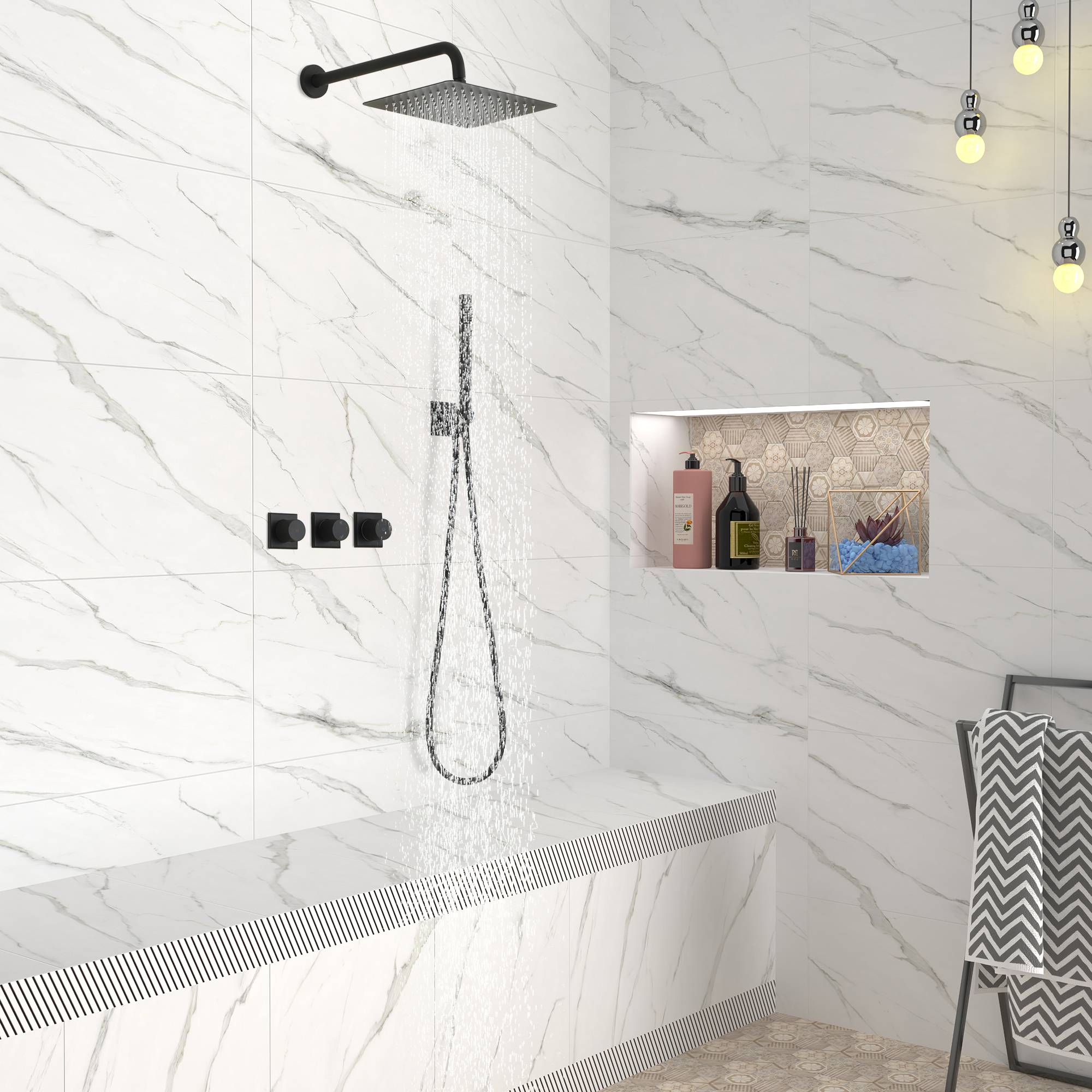 Shower System Rainfall Shower Head with Handheld Spary Combo Shower Faucet System 10inch Ceiling Shower Head with valve for Bathroom, Matte Black