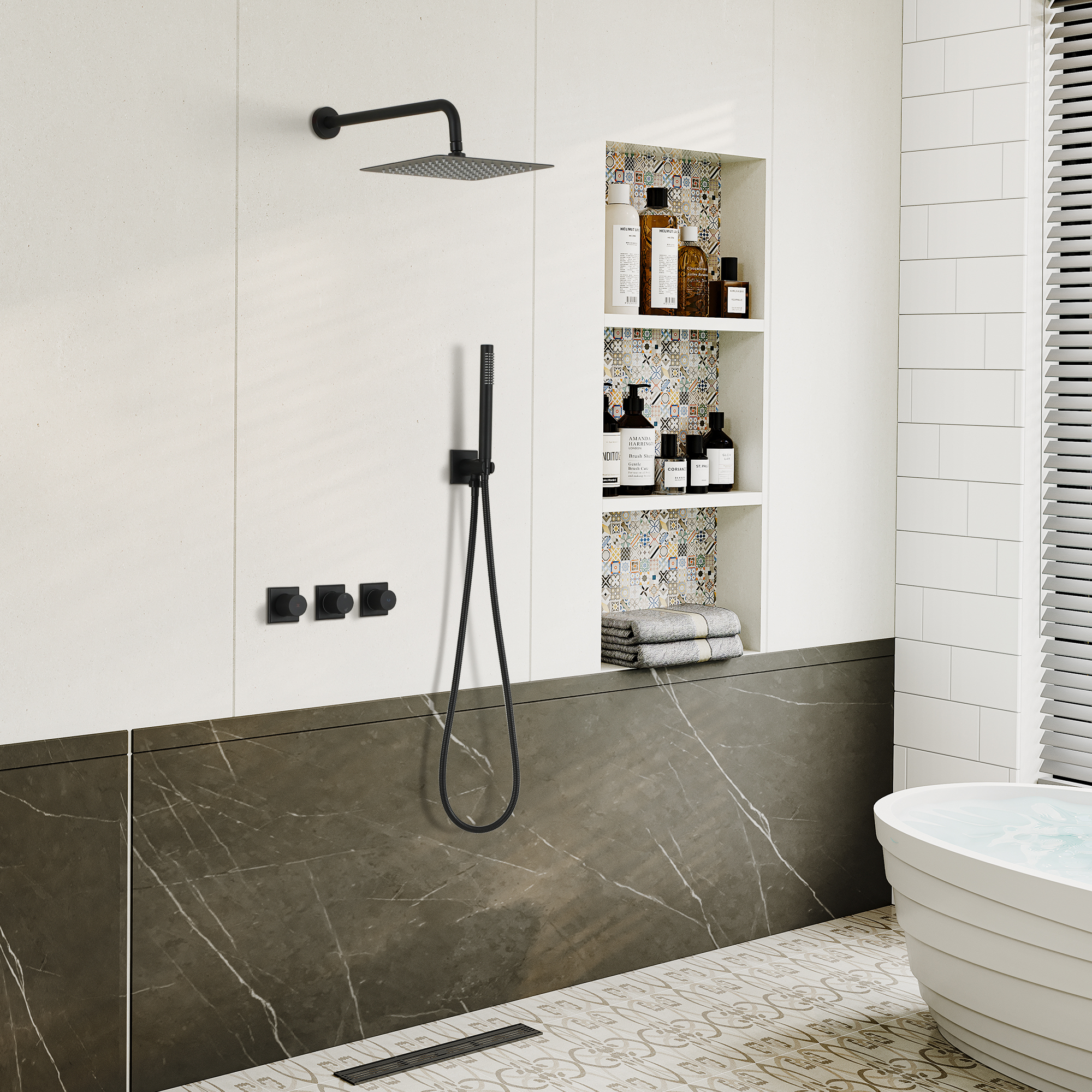 Shower System Rainfall Shower Head with Handheld Spary Combo Shower Faucet System 10inch Ceiling Shower Head with valve for Bathroom, Matte Black