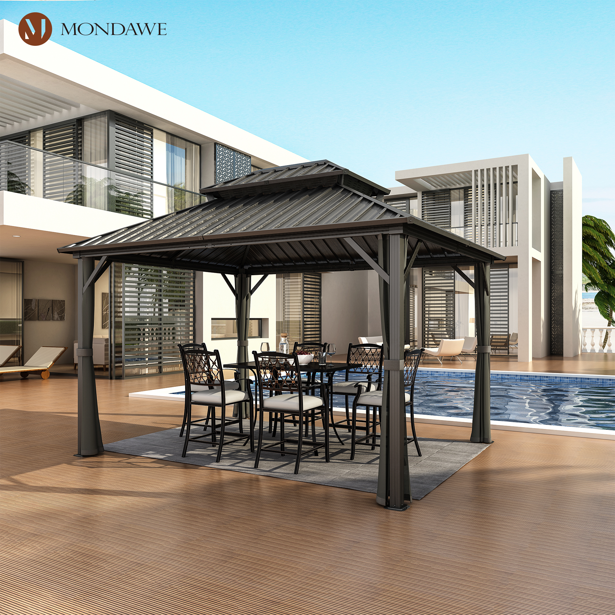 10x12 ft Double Roof Hard Top Aluminum Frame Gazebo with Netted Curtains-Mondawe