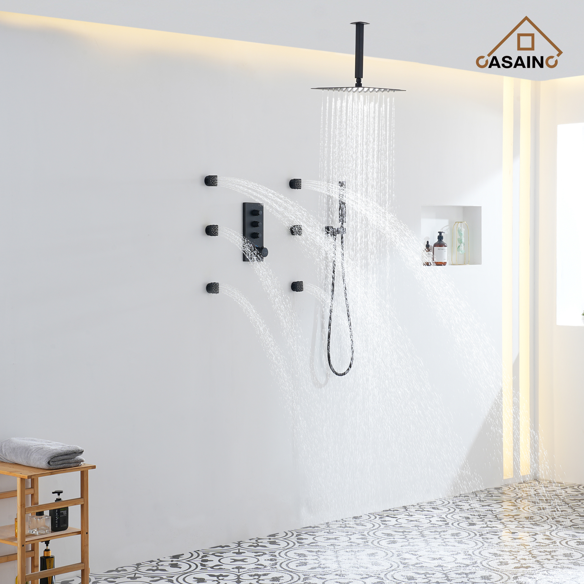 Thermostatic 2-Spray Patterns 12 in. Dual Ceiling Mount Fixed and Handheld Shower Head in Matte Black with 6-Jets