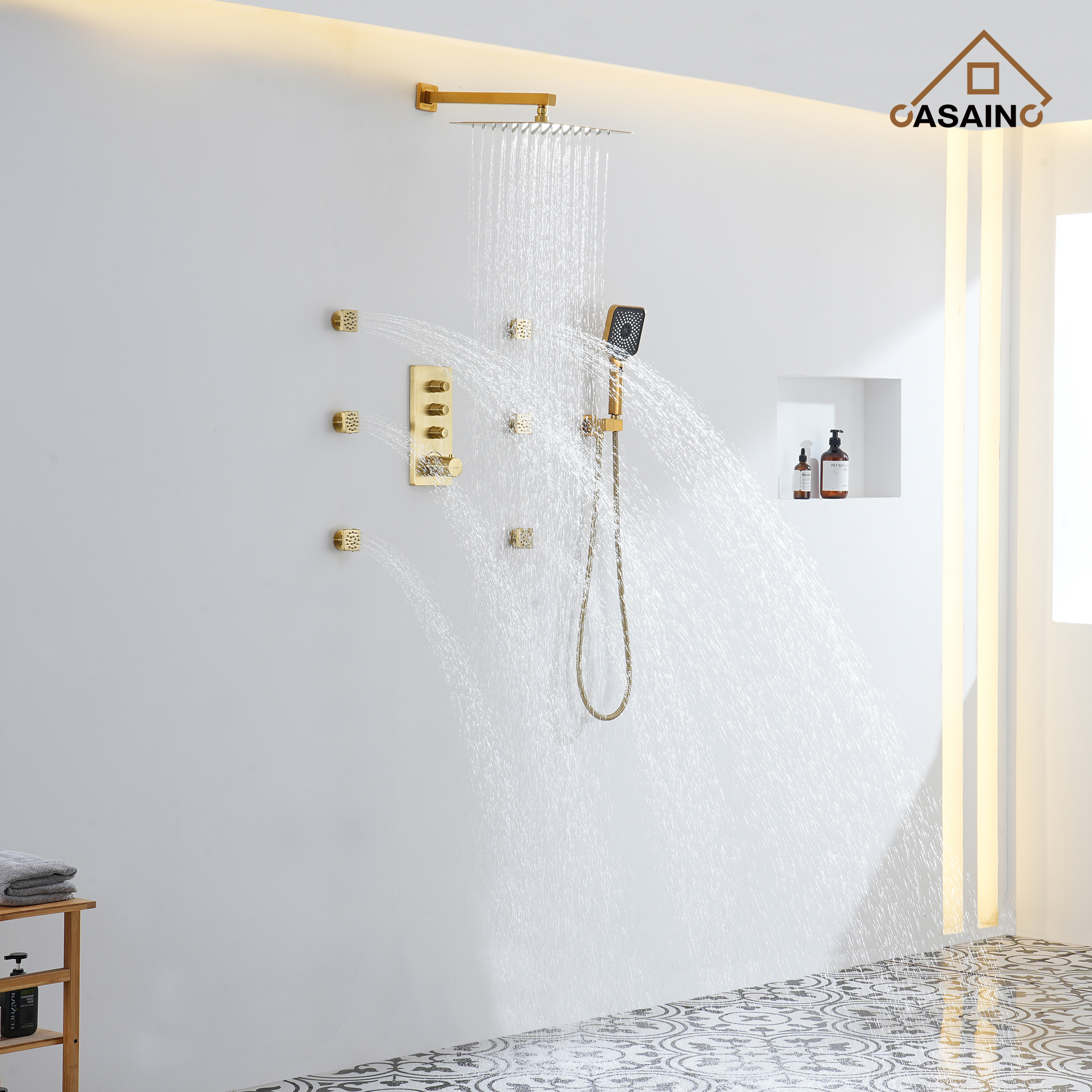 Luxury Thermostatic 3-Spray Patterns 12 in. Flush Wall Mount/Ceiling Mount Rainfall Dual Shower Heads with 6-Jets in Brushed Gold
