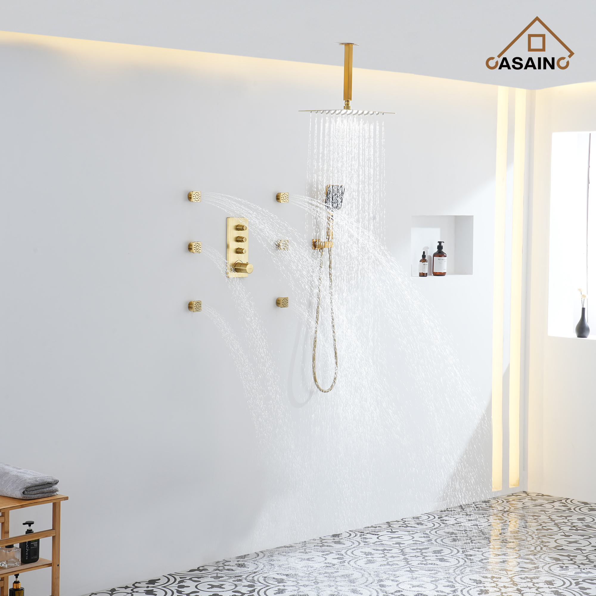 Luxury Thermostatic 3-Spray Patterns 12 in. Flush Wall Mount/Ceiling Mount Rainfall Dual Shower Heads with 6-Jets in Brushed Gold