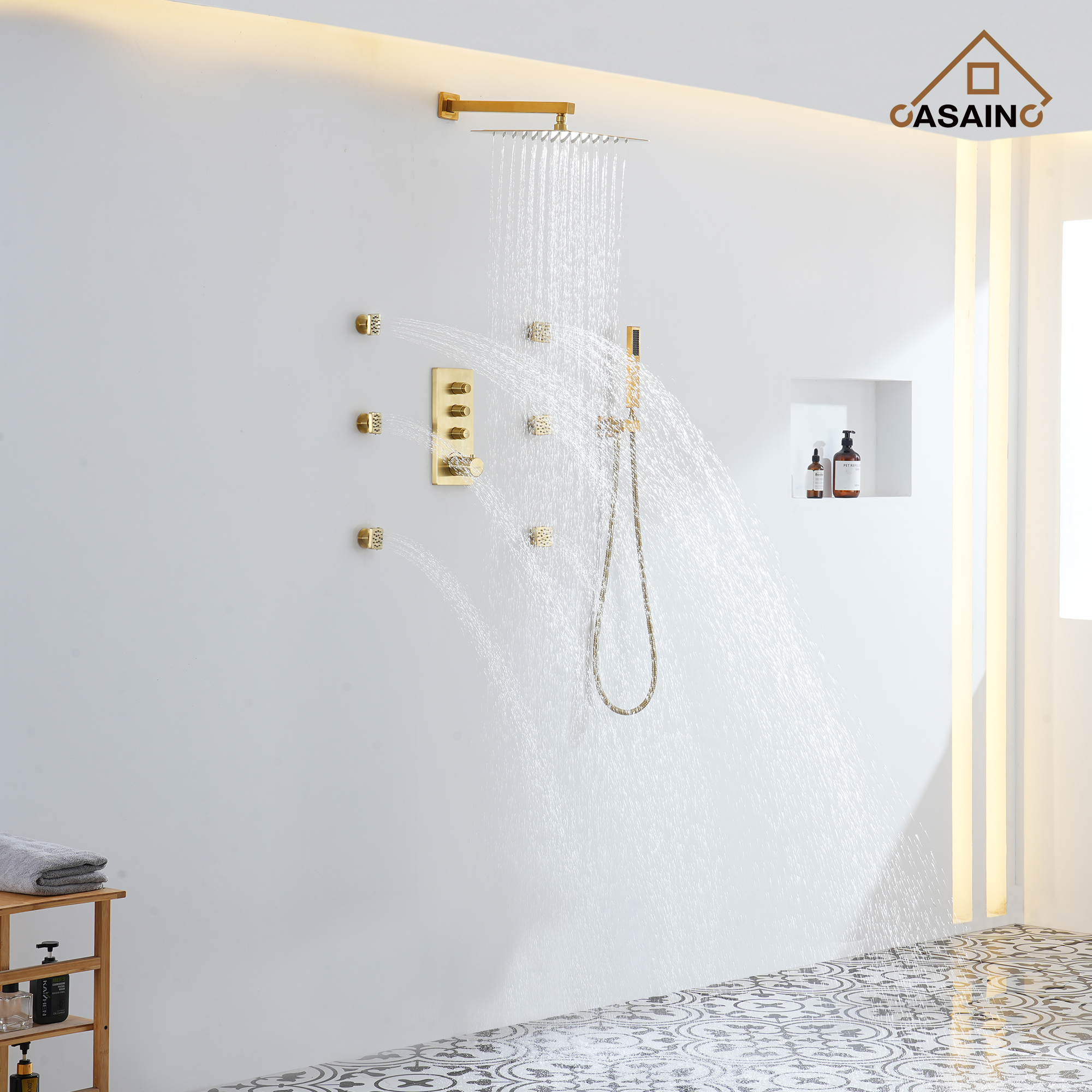 Brushed Gold 12-in Built-In Shower Faucet System with 3-way Diverter (Thermostatic Valve Included)