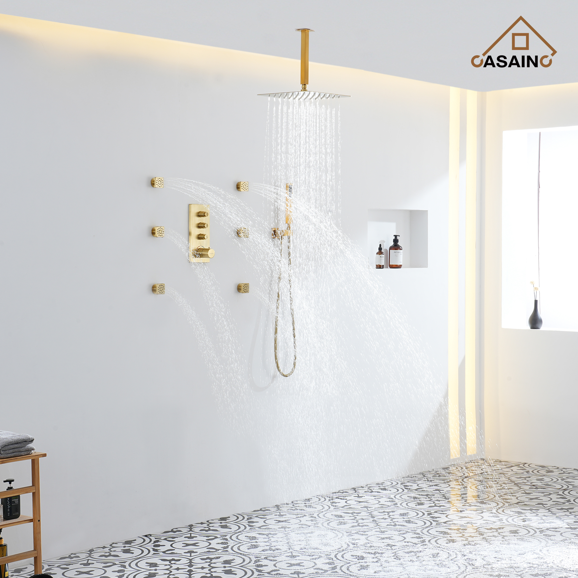 Brushed Gold 12-in Built-In Shower Faucet System with 3-way Diverter (Thermostatic Valve Included)