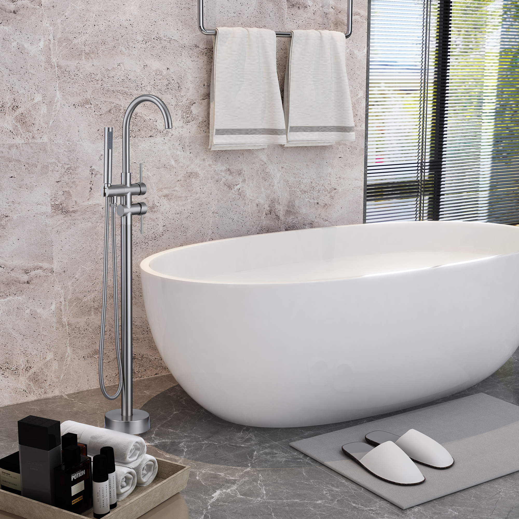 2-Handle Residentail Freestanding Bathtub Faucet with Hand Shower, Brushed Nickel/Matte Black