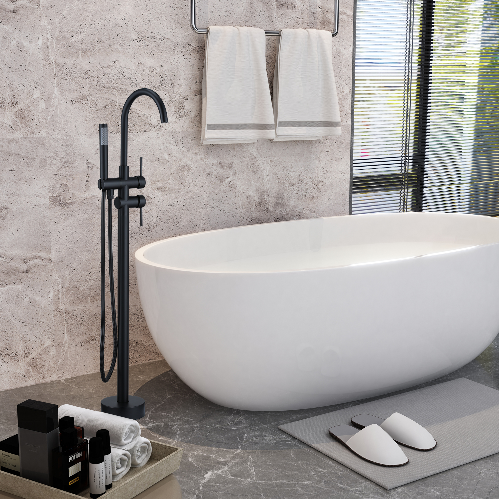 2-Handle Residentail Freestanding Bathtub Faucet with Hand Shower, Brushed Nickel/Matte Black