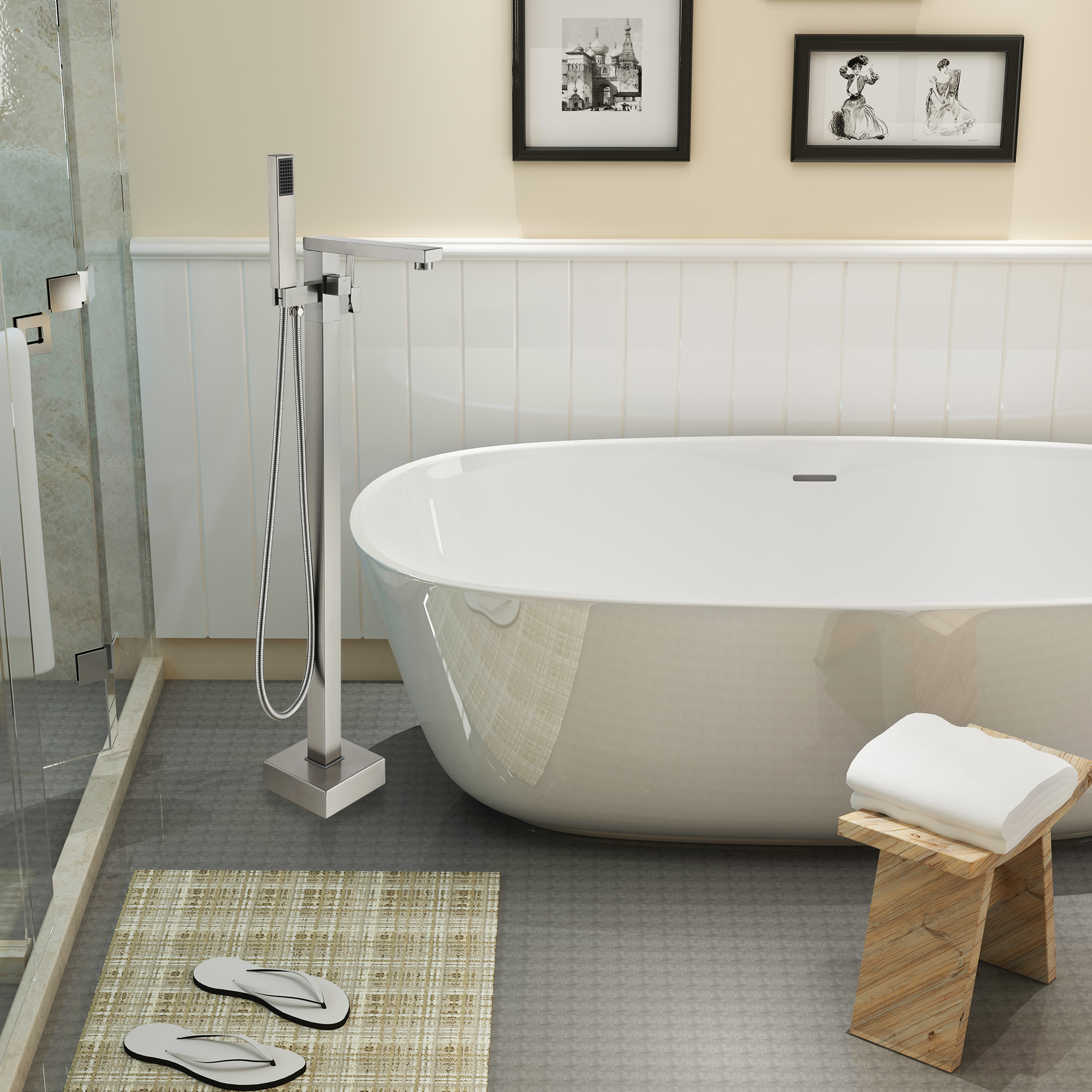 Tub Filler Freestanding Bathtub Faucet Stand Alone Floor Mount Tub Faucet Bathtub Filler with Hand Shower and Swivel Spout, CUPC Certification, 2.7 GPM High Flow Rate