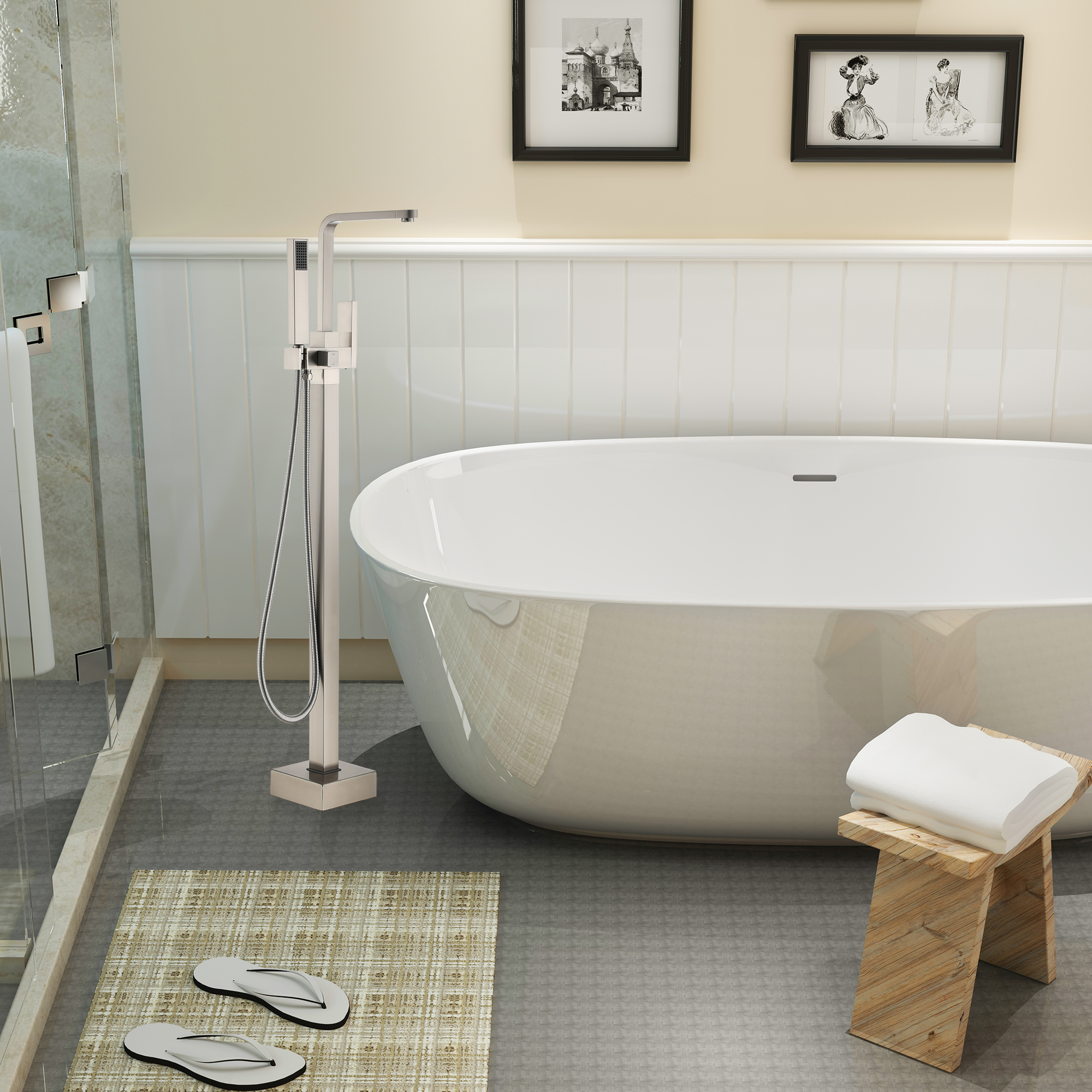 Single-Handle Free-Standing Tub Faucet with Rectangle Hand Shower in Brushed Brass/Brushed Nickel/Oil Rubbed Bronze/Matte Black