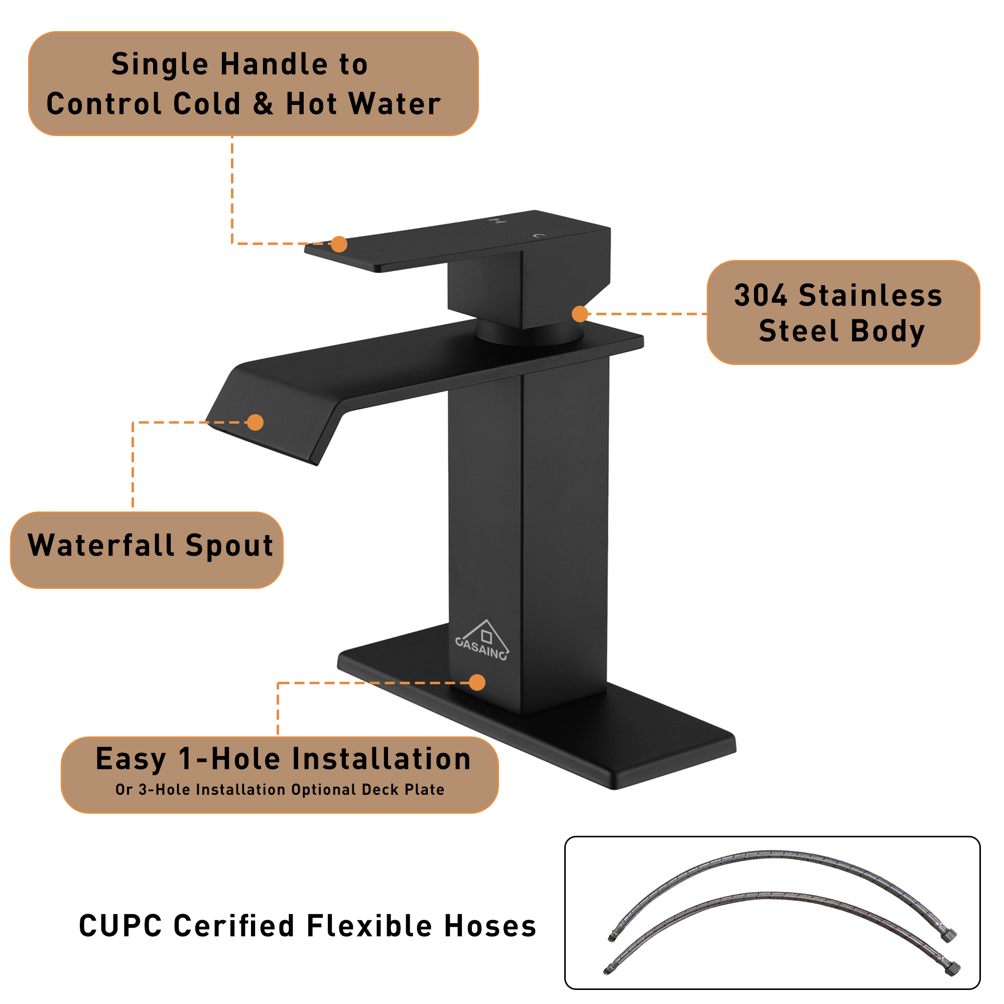 Single Handle Single Hole Bathroom Vanity Sink Waterfall Spout Bathroom Faucet in Matte Black